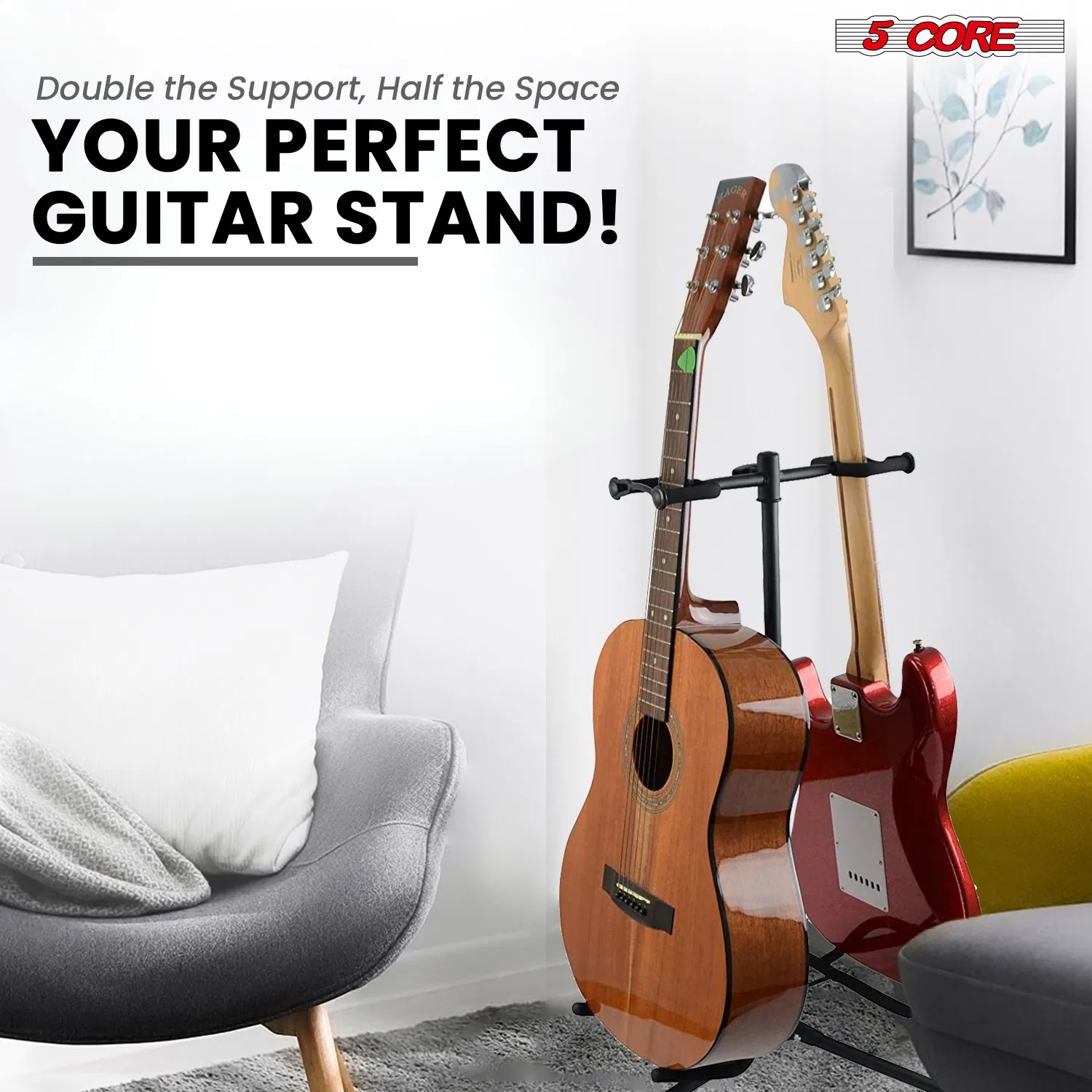 5 Core Guitar Stand Adjustable Double Guitars Stands Floor w Neck Holder Universal Supports for Acoustic Electric Classic Bass Instrument Folding Portable photo 8