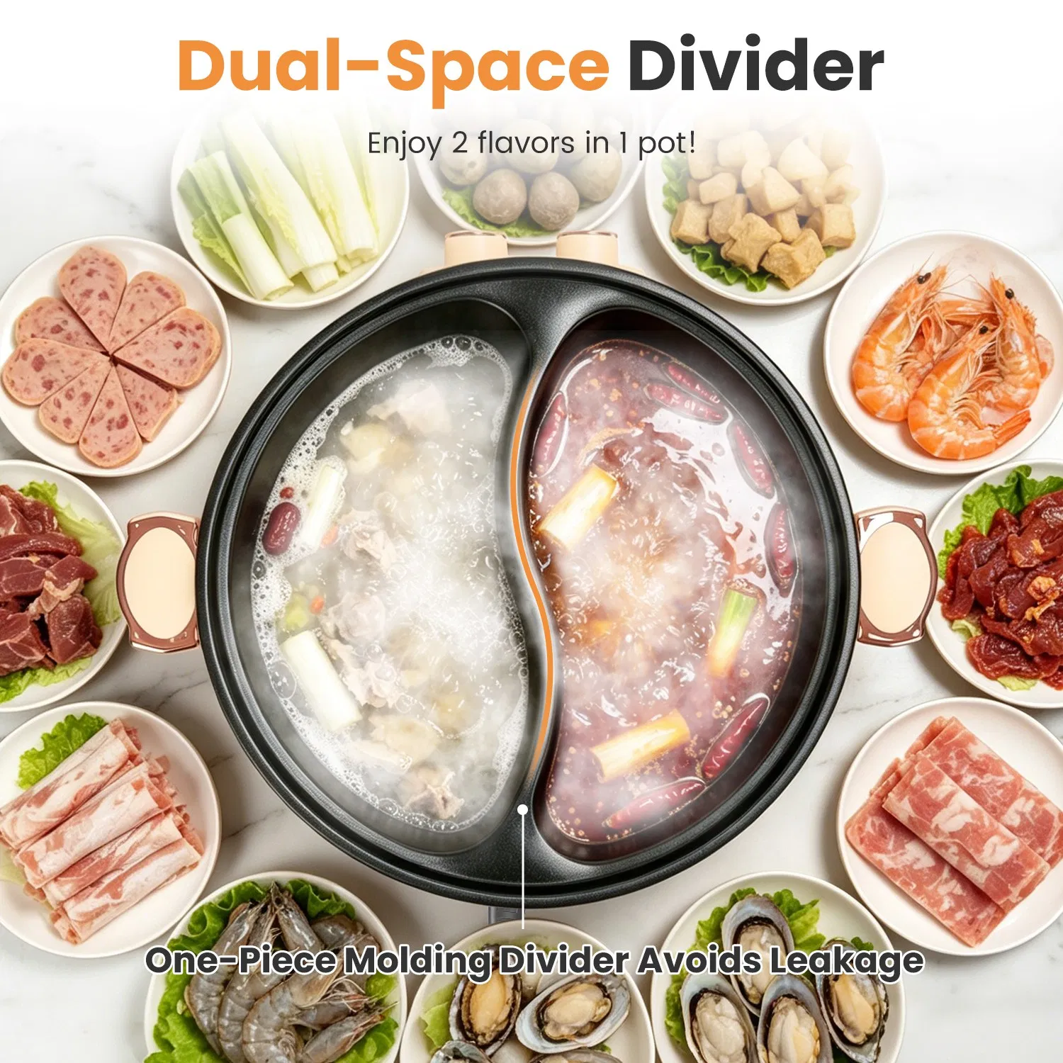 6L/1.59Gal Electric Hot Pot with Divider and Lid 2000W Stainless Steel with 2 Heat Settings Independent Control Overheat Protection Ladle & Slotted Spoon for Hot Pot Soup Noodles photo 4