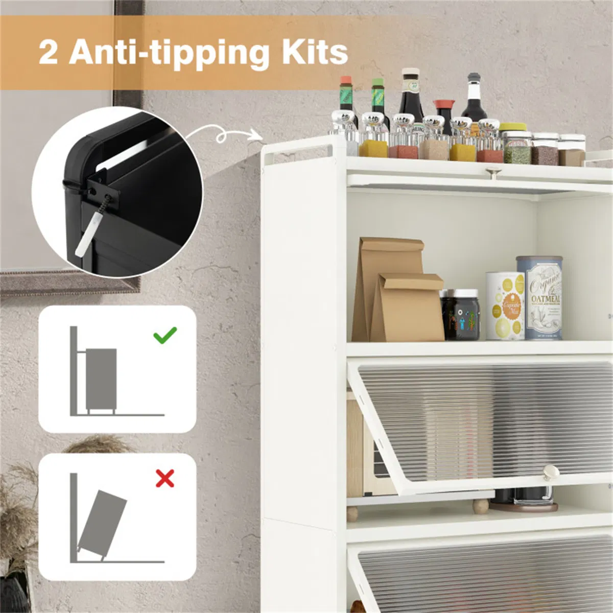 5-Tier Rolling Microwave Stand Flip Dust-Proof Doors 4 Casters with Brakes Kitchen Storage Rack White photo 8