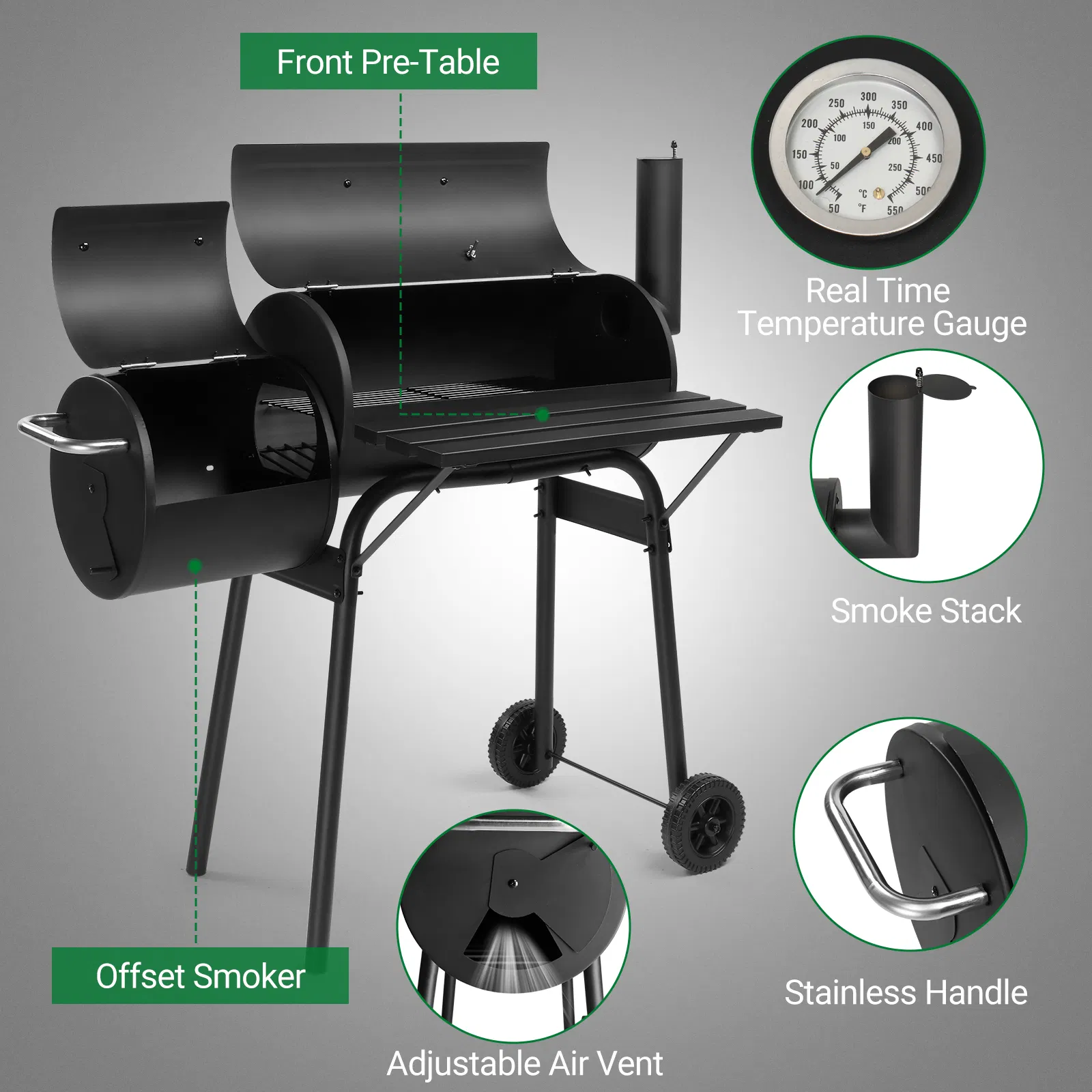 Barrel Charcoal Grill with Offset Smoker, All Metal Outdoor Smoker with Side Table and Wheels for Outdoor Garden Patio and Backyard Cooking photo 8