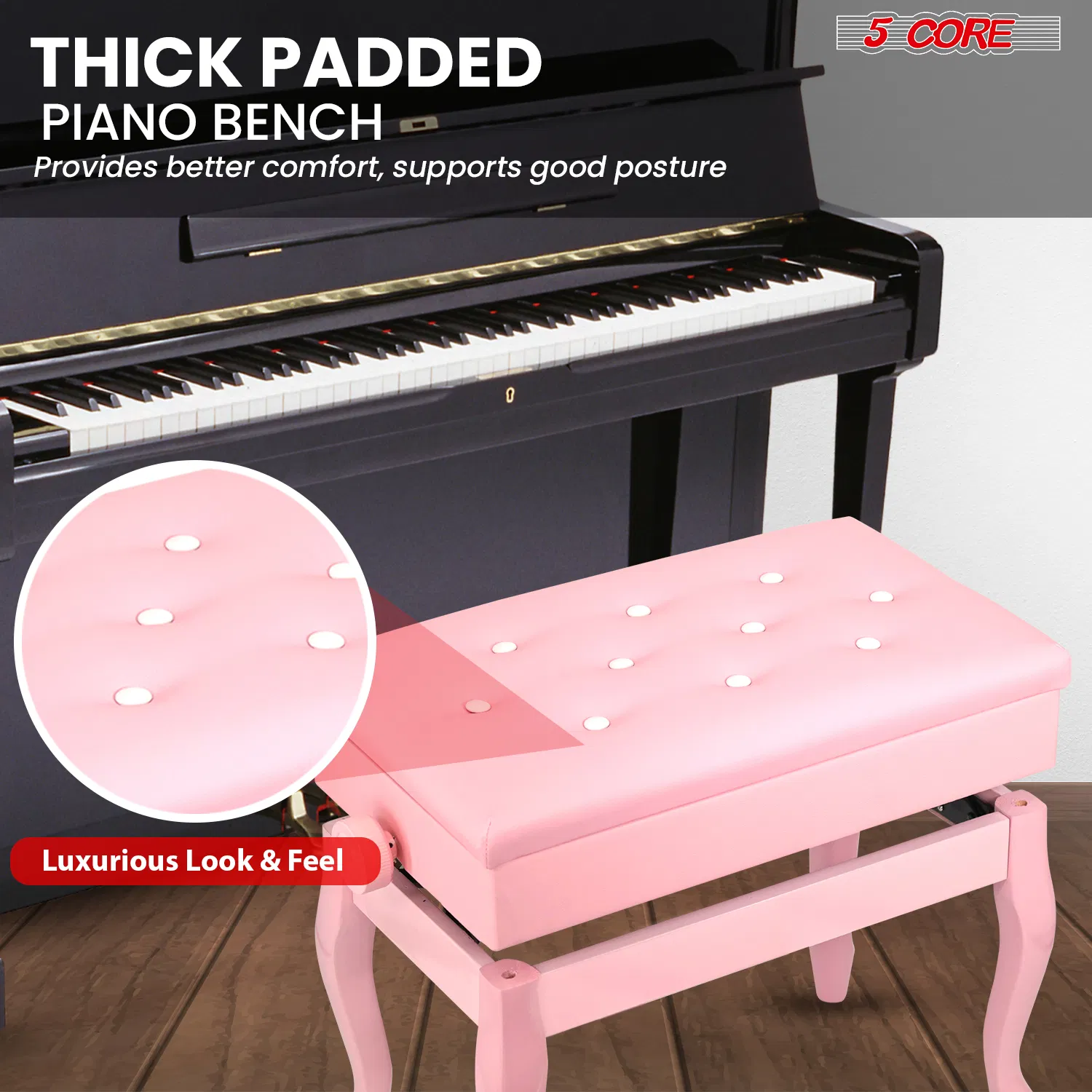 5 Core Piano Bench Wooden Height Adjustable Stool Heavy Duty Keyboard Seat with Storage photo 4