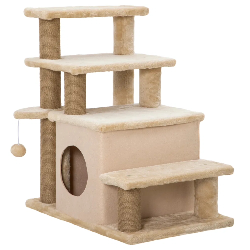 Cat Stairs Pet Steps for Couch Bed with Scratching Posts Condo Ball Toy, 23.6" x 15.7" x 26", Beige photo 7