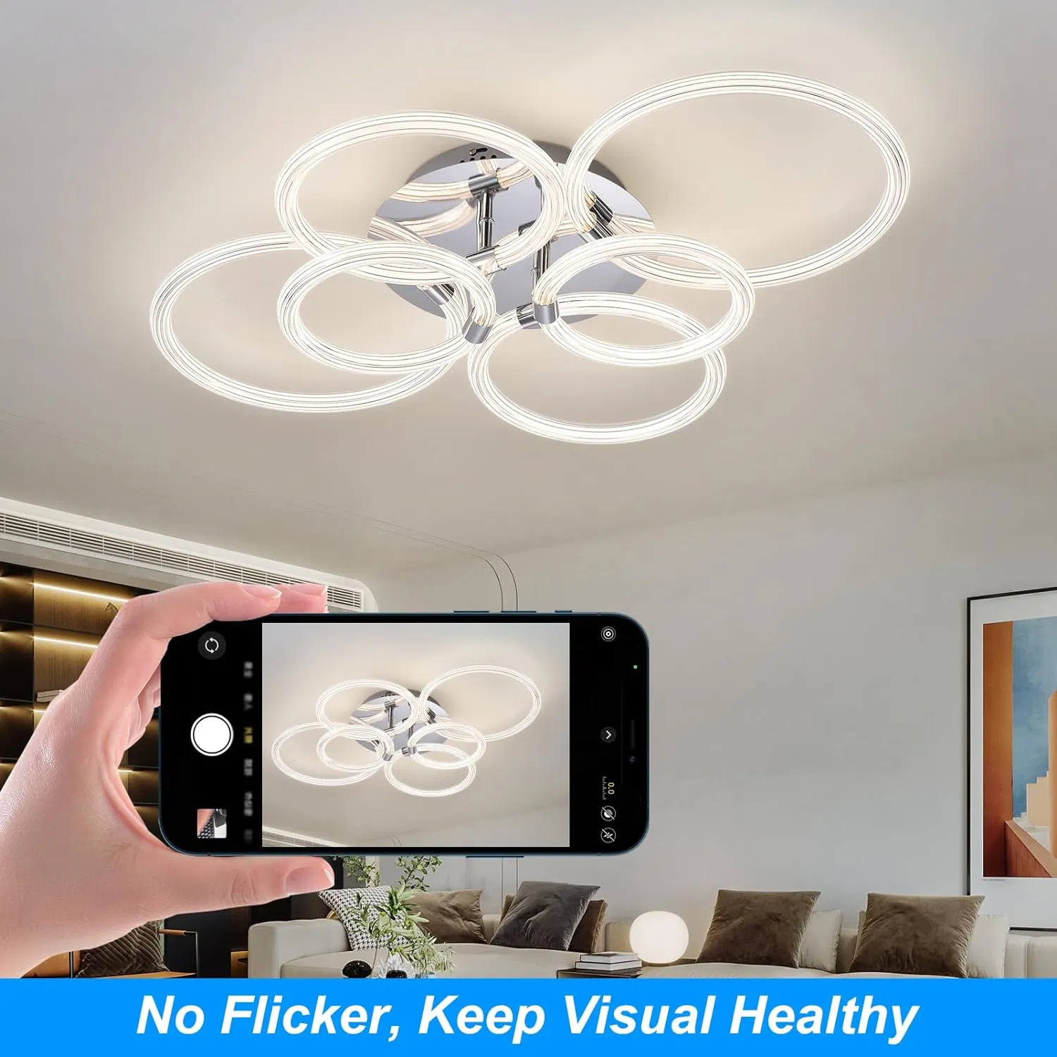 Modern LED, Flush Mount Ceiling Light with Dimmable Remote Control, 6Rings Acrylic Fixture for Bedroom, Living Room, Kitchen, Office Lamps (6 Heads)[Unable ship weekends, TK/TEMU only for pickup] photo 8