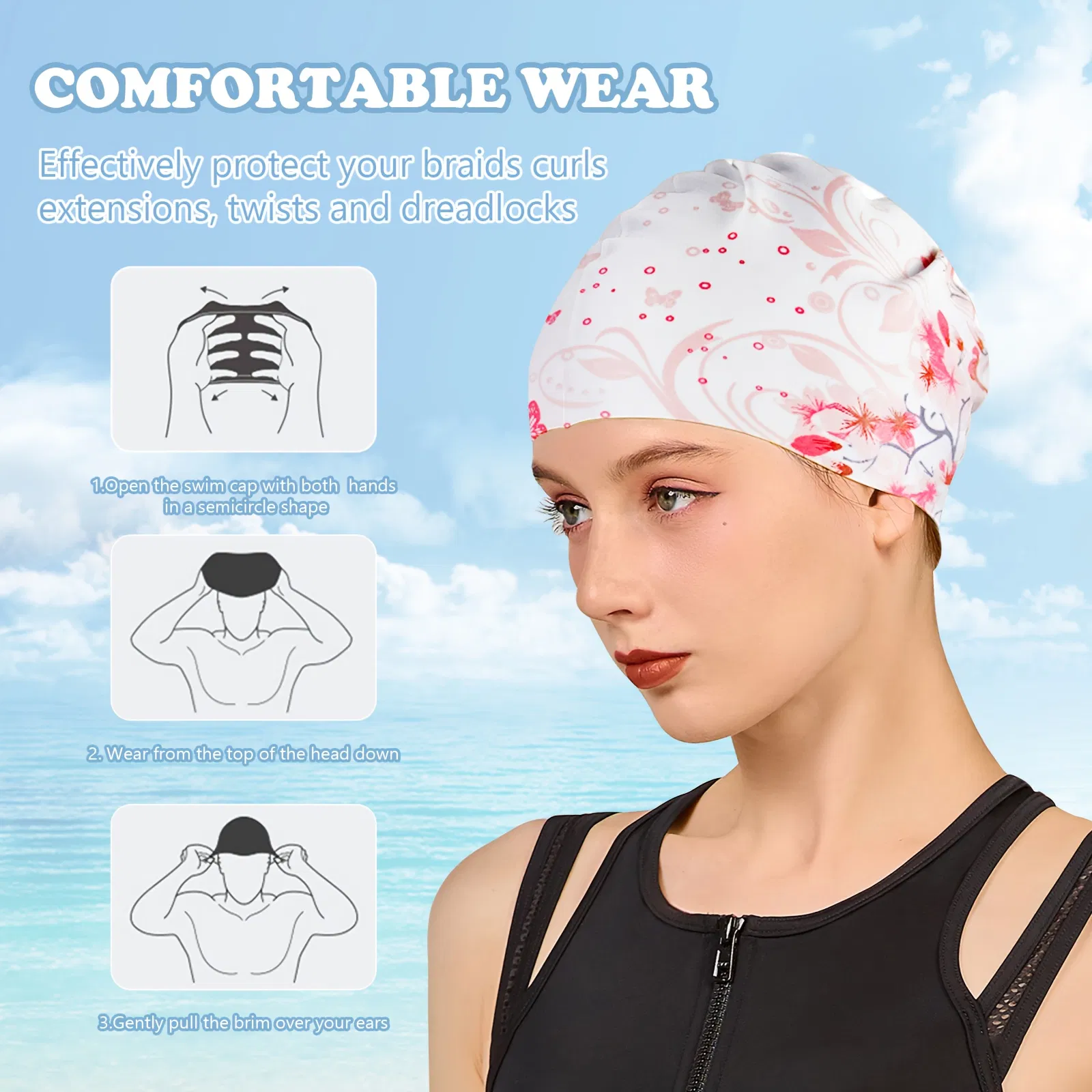 2pcs Silicone Swim Cap for Women Men, High Elasticity Comfortable Non-Slip Swimming Cap for Girls & Boys, Durable Waterproof Swim Hats for Long and Short Hair, Keep Hair Dry photo 6