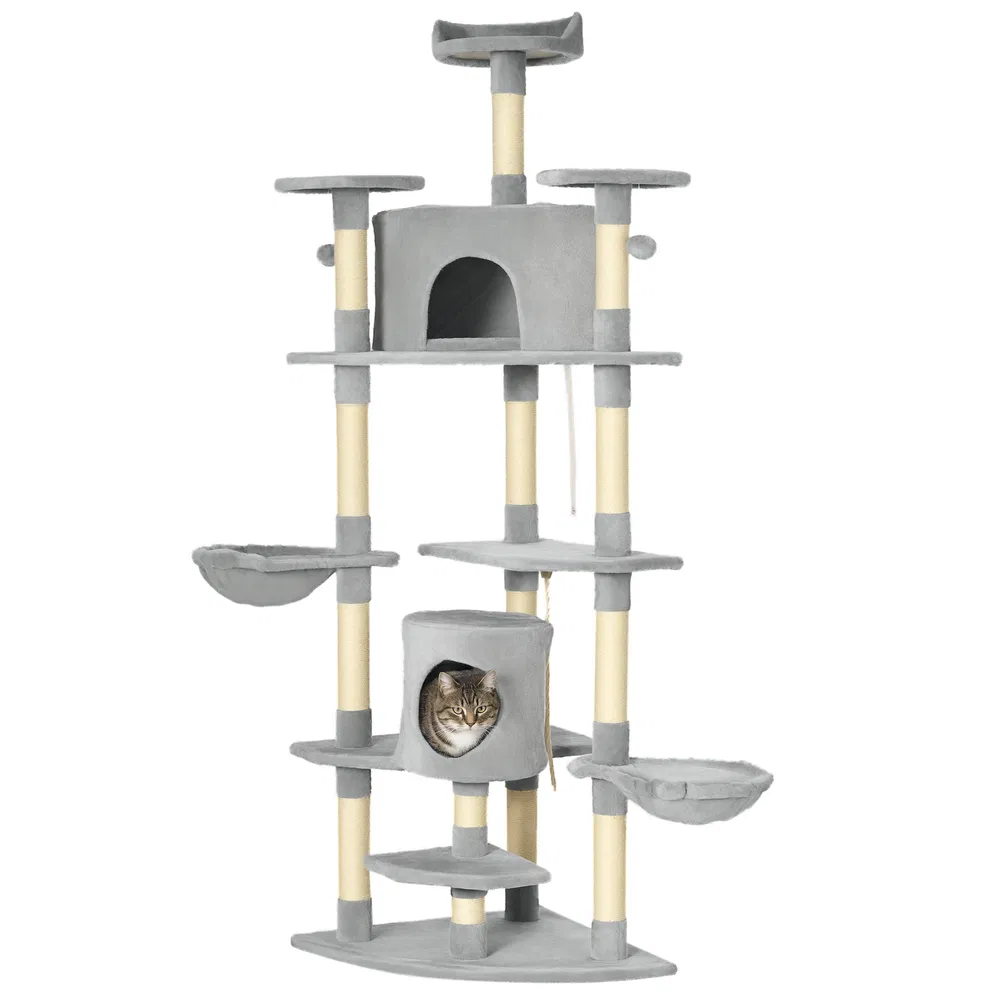 79" Cat Tree Multi-Level with Two Condos, Kitty Tower with Scratching Posts, Two Hammocks, Perches, Interactive Toys, Dark Gray photo 7