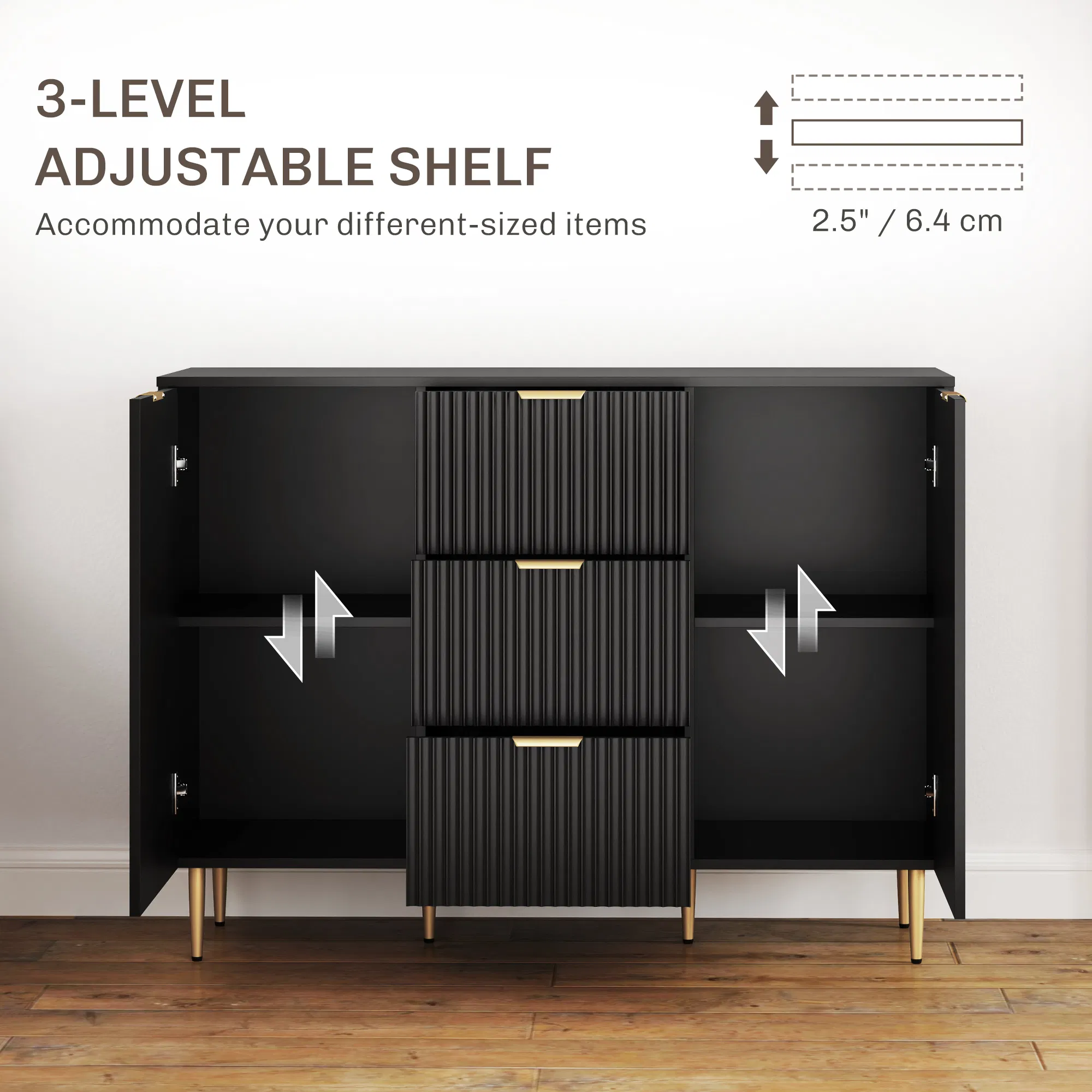 Modern Kitchen Storage Cabinet, Sideboard Buffet Cabinet w/ 3 Drawers and Adjustable Shelves for Kitchen Hallway, Black photo 6