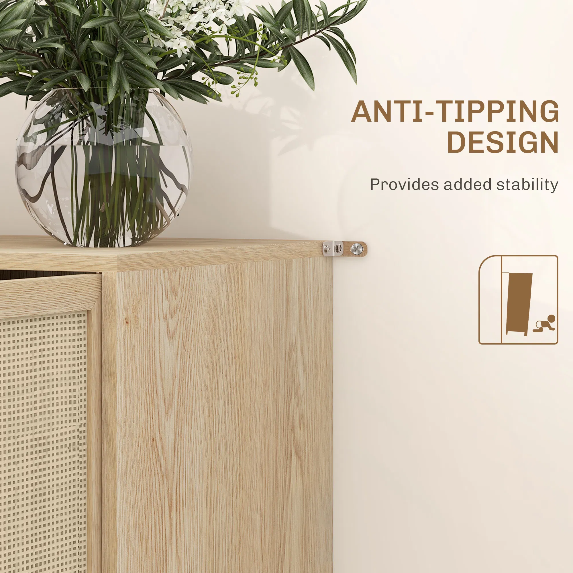 Kitchen Sideboard Cabinet, Boho Storage Cabinet with Shelves, Wood Legs, Decorative Rattan Doors, Natural photo 5