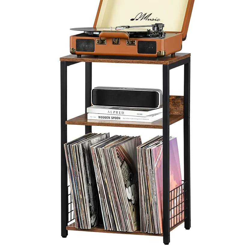 3-Tier Turntable Stand with Vinyl Storage for 100 Albums, Combined CD & DVD Racks, End Side Table for Living Room photo 6