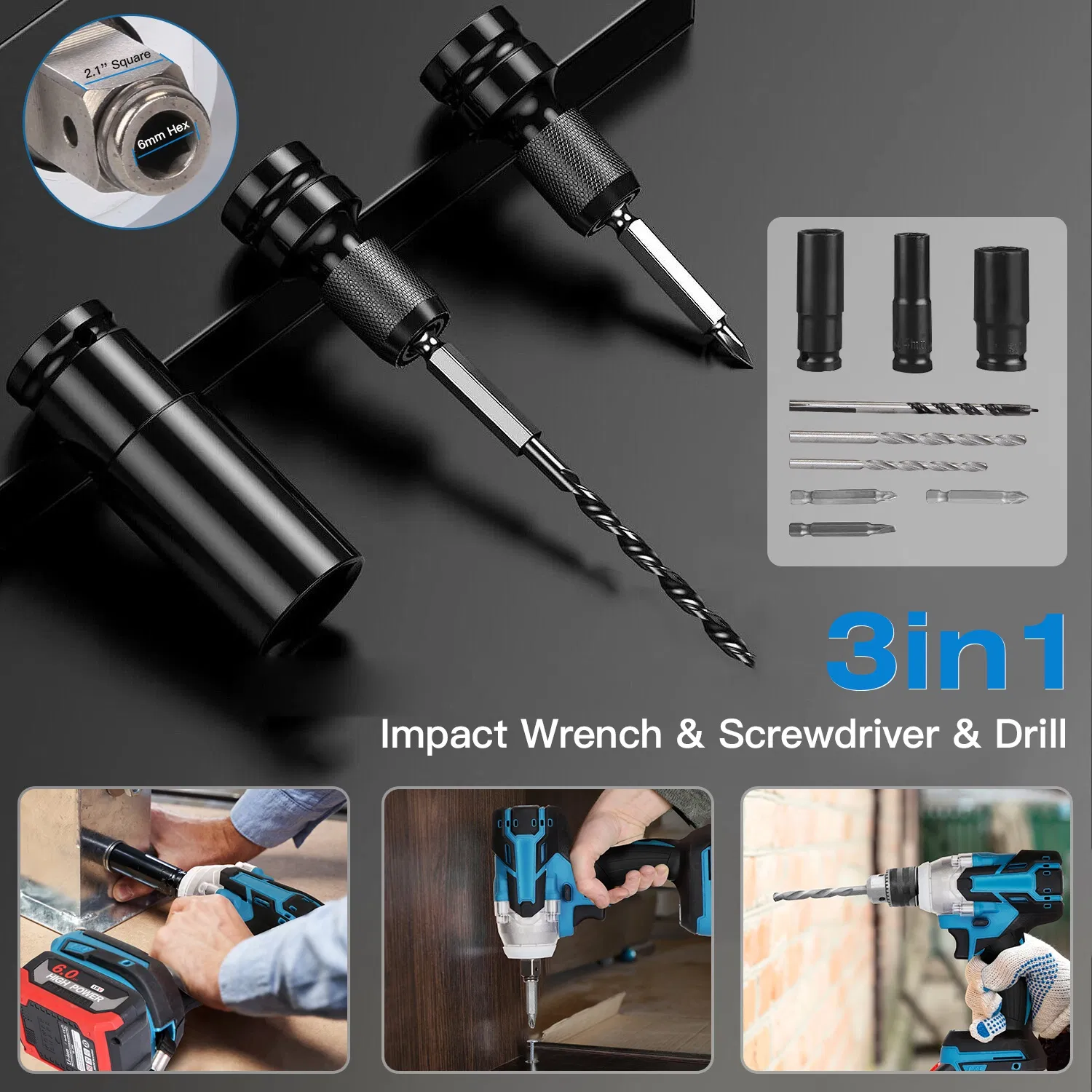 3-In-1 Cordless Electric Impact Wrench Drill Screwdriver with Brushless Motor Max 3450RPM Variable Speed 2Pcs 6.0Ah Batteries 3 Sockets 3 Screwdriver Bits 3 Drill Bits photo 8