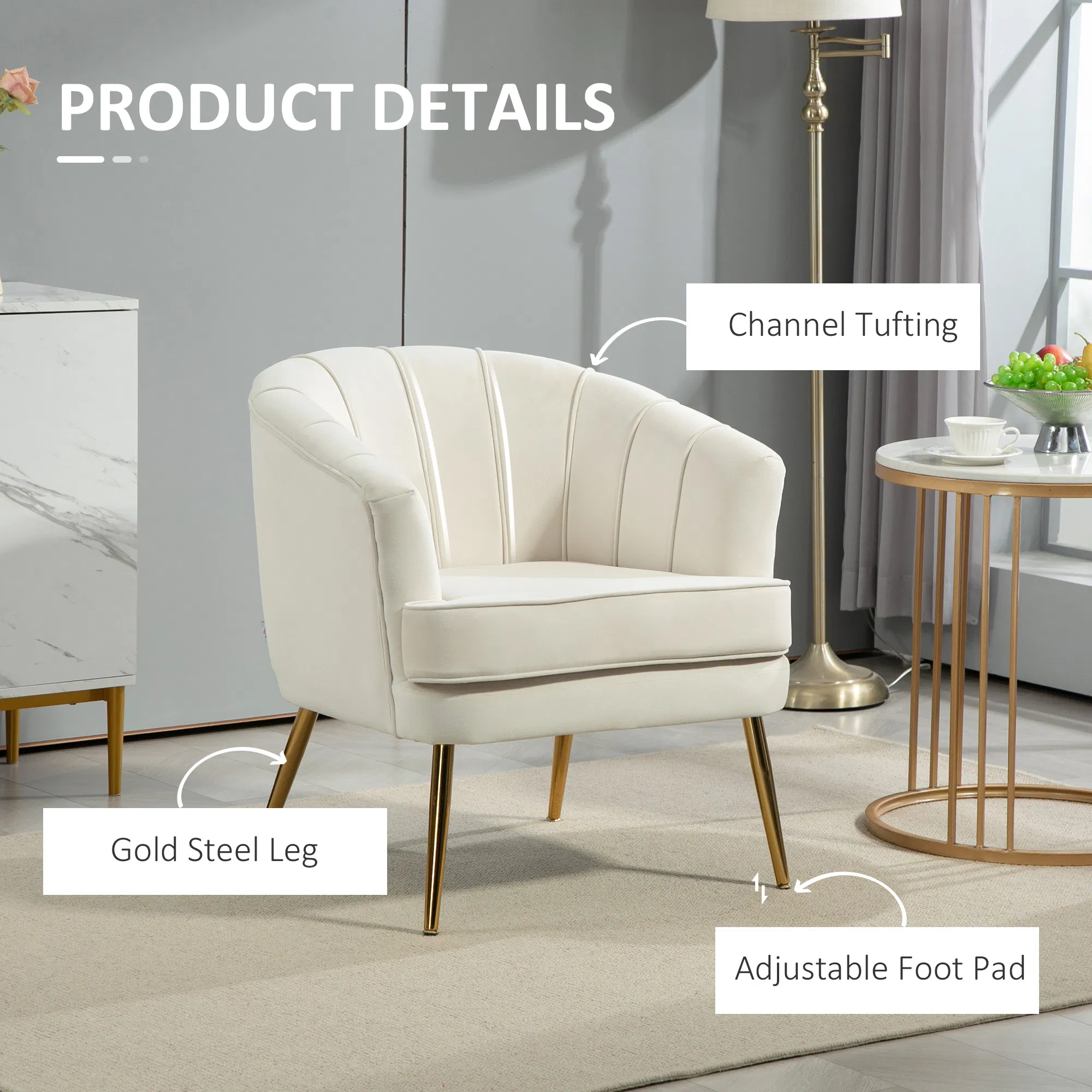 Fabric Armchair, Modern Accent Chair with Gold Metal Legs for Living Room, Bedroom, Home Office, Cream White photo 5