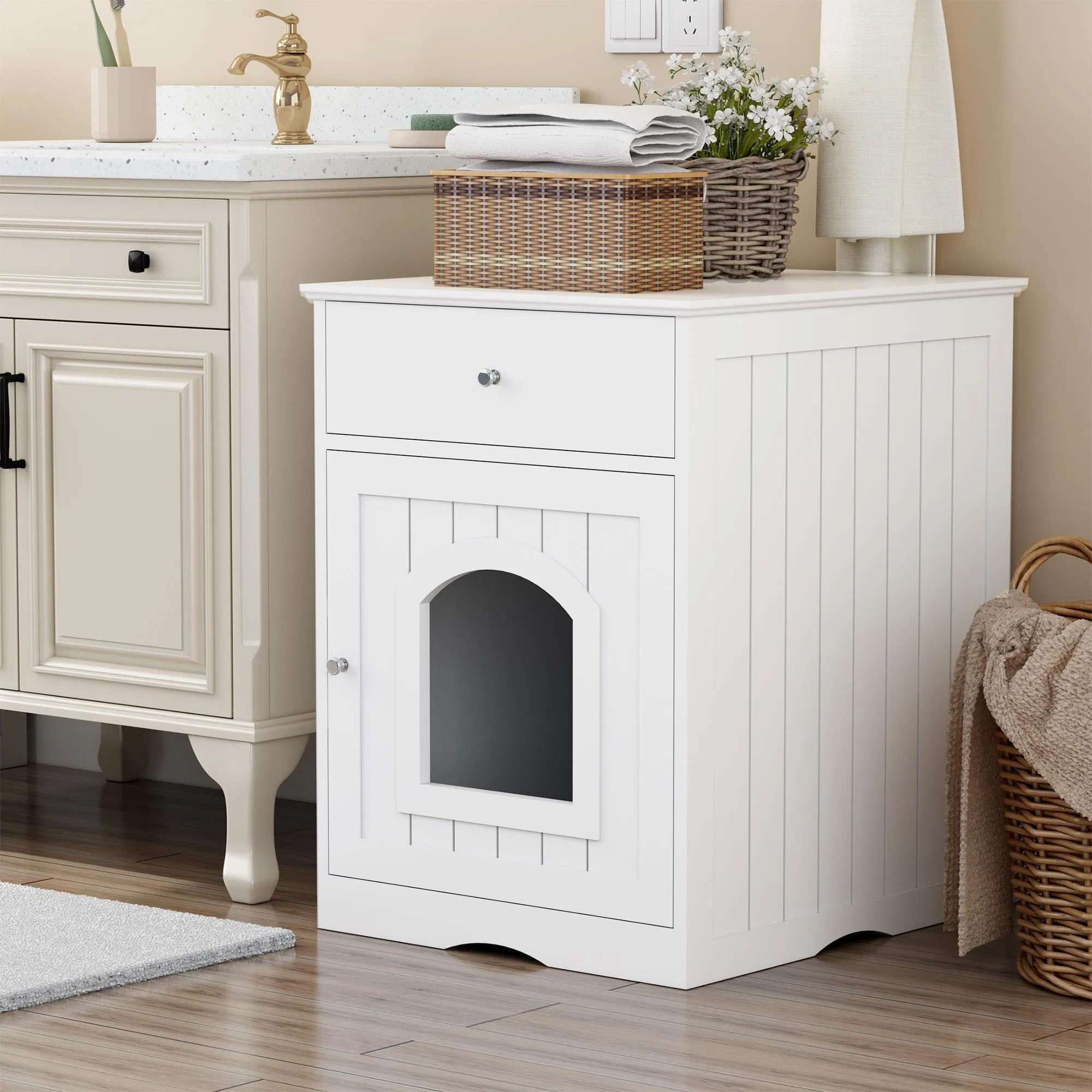 Wooden Pet House Cat Litter Box Enclosure with Drawer, Side Table, Indoor Pet Crate, Cat Home Nightstand (White) photo 5