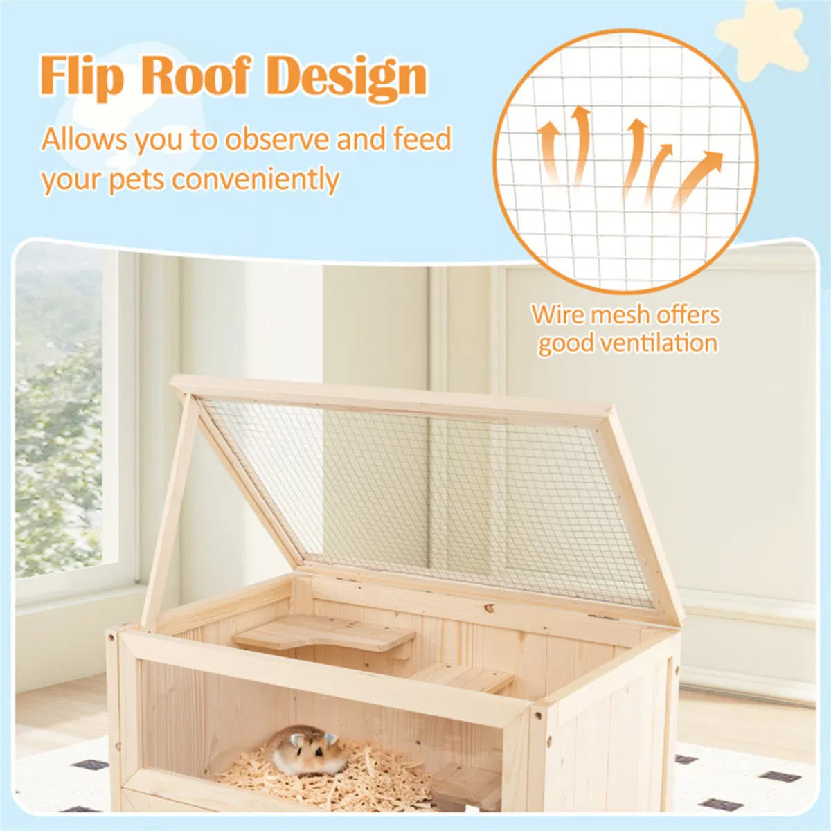 31.5 " Fir Wood Hamster Cage with Flip Mesh Roof, Multi-Level Activity Areas & Bottom Storage Shelf photo 8