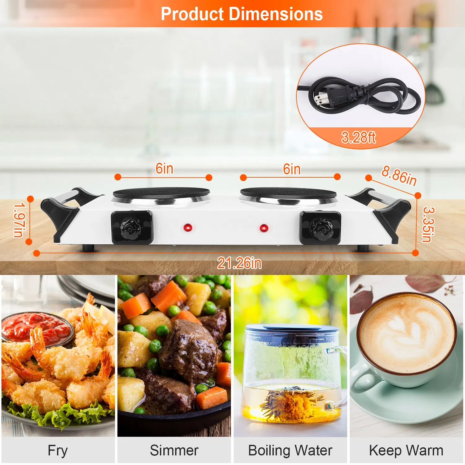 Portable Dual Burner Electric Stove - 2000W Power, 5 Temperature Levels, 5.5in Coils, Fast Even Cooking, Fits Flat Cookware, Ideal for Apartments/RVs, Easy Cleaning Design photo 7