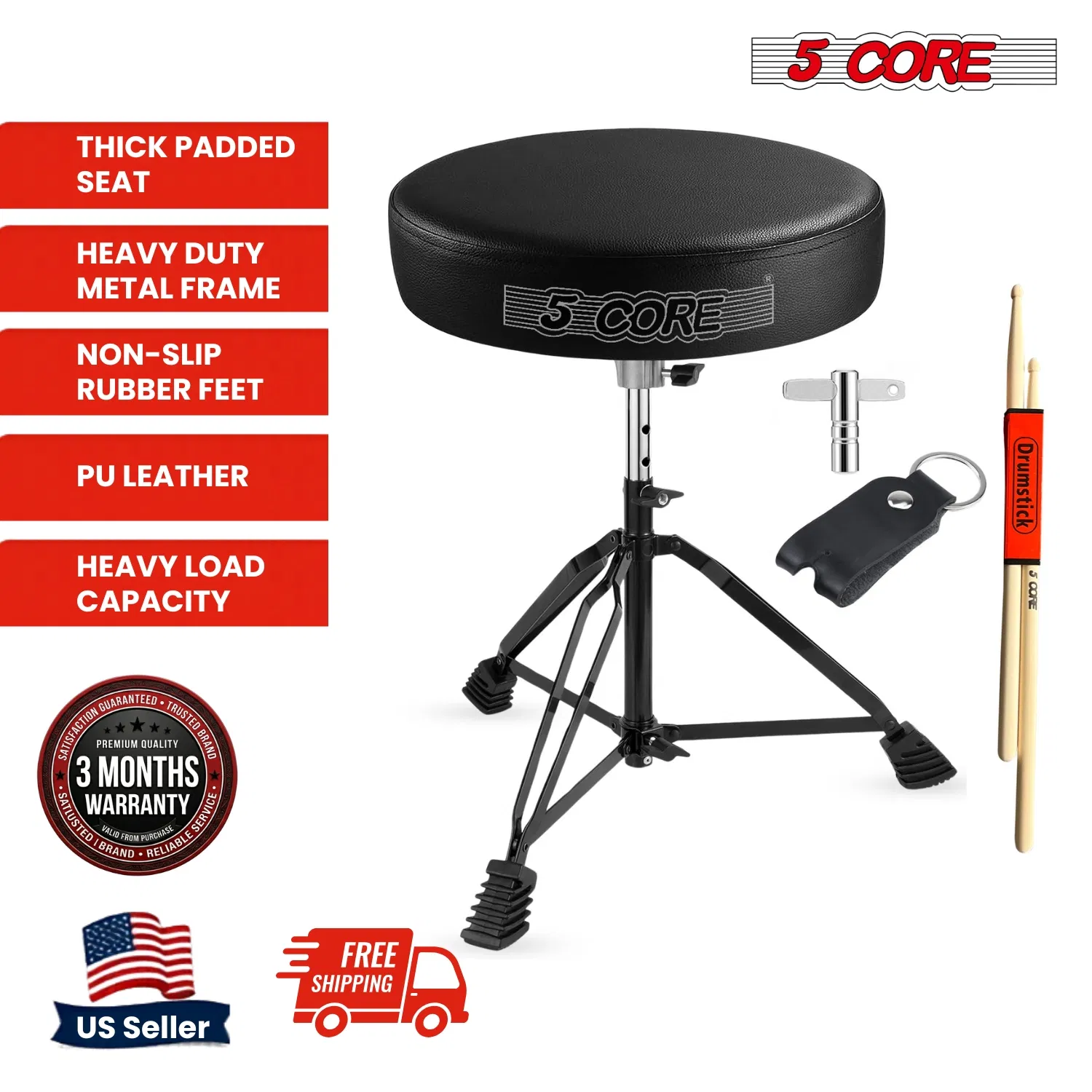 5 Core Drum Throne 3 Inch Thick Padded Comfortable Guitar Stool Double Braced Drummer Chair Height Adjustable Musician Seat For Adults And Kids photo 4