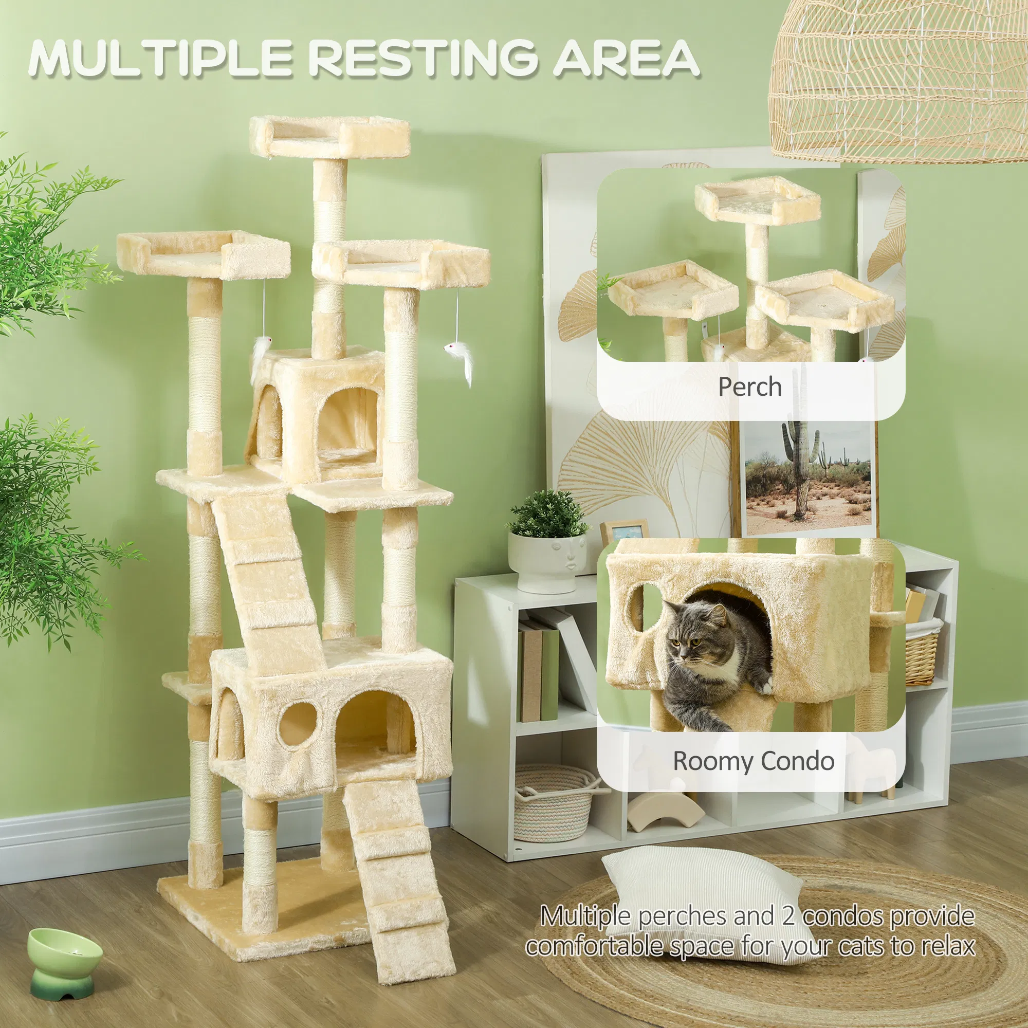 68-inch Multi-Level Cat Scratching Tree Kitty Activity Center Post Tower Condo Pet Furniture w/ Toy Beige photo 3