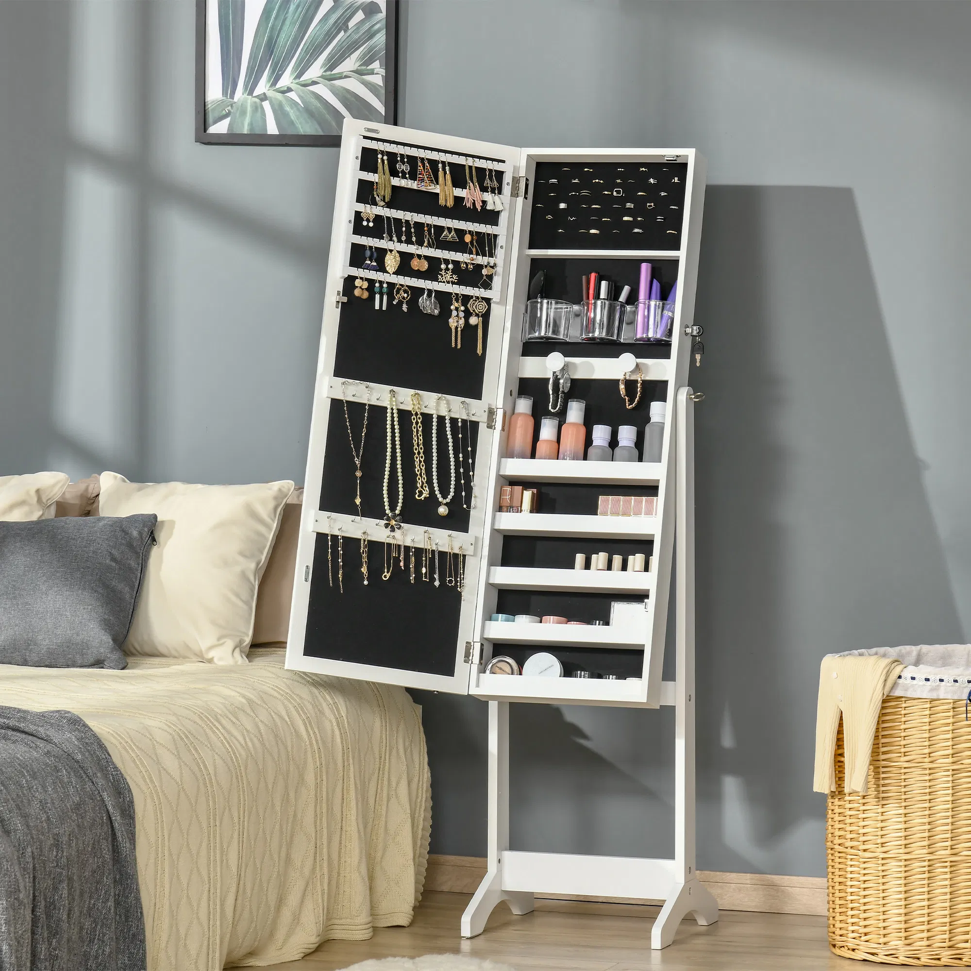 Lockable Jewelry Cabinet: With LED Light, Full-Length Mirror for Bedroom, Dressing Room, White photo 5