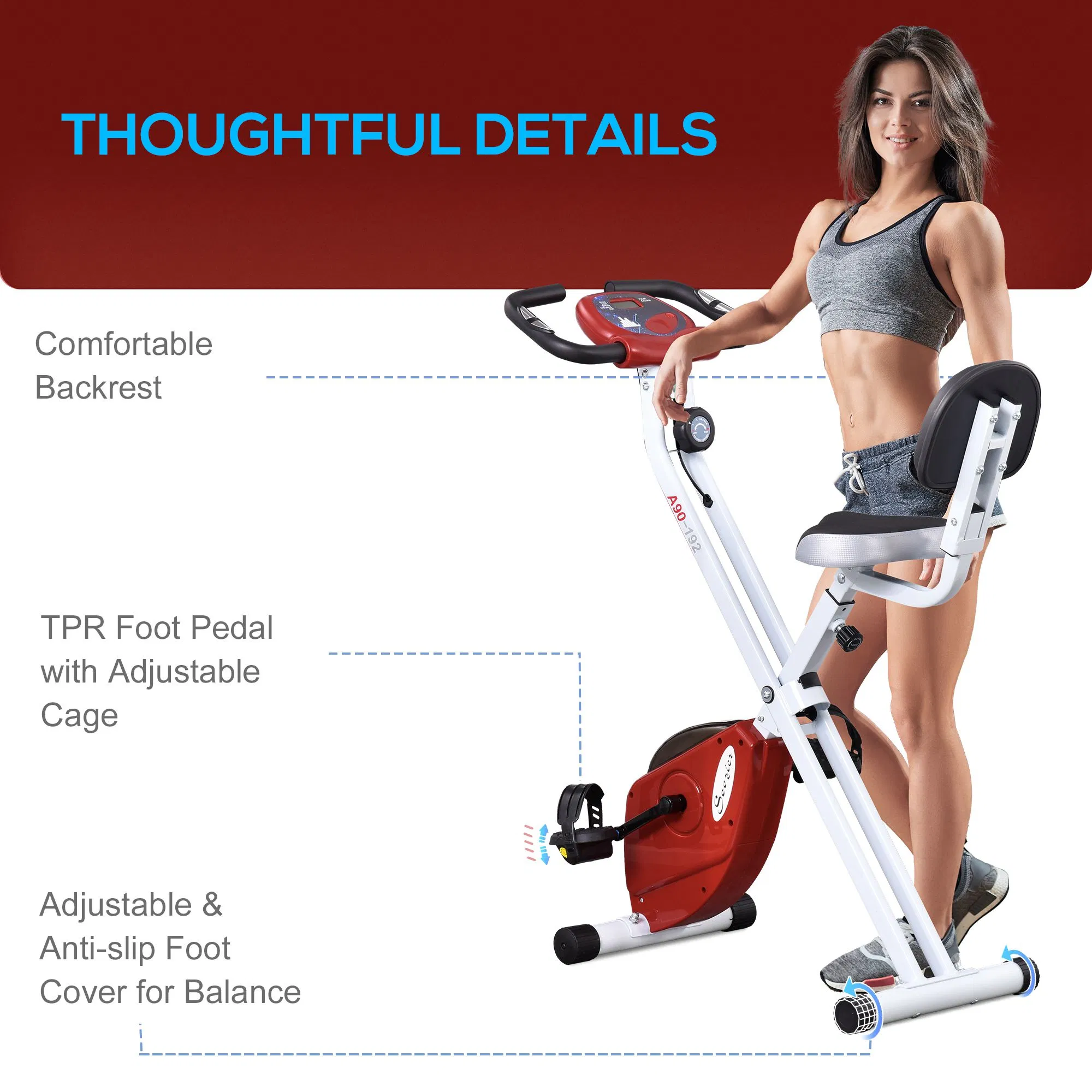 Foldable Indoor Stationary Bike with 8 Levels of Magnetic Resistance, Exercise Bike for Cardio Workout, Red photo 5