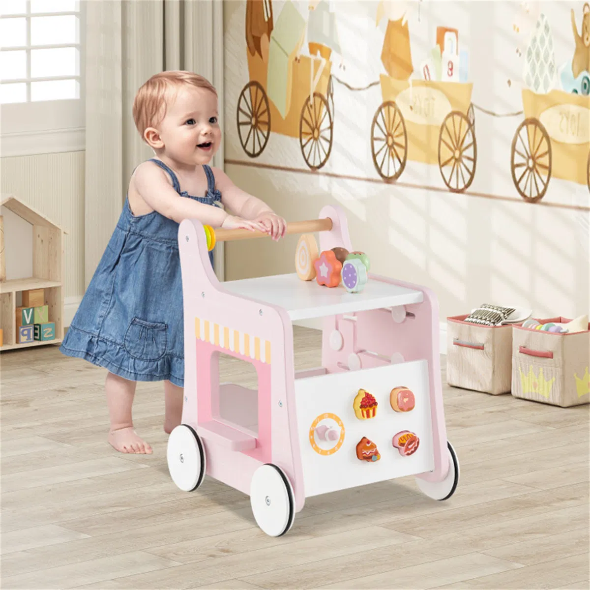 2-in-1 Baby Walker with 8 Fun Activities (Dessert Sorter/Adjustable Clock/Maze) + Side Shop Window (Role Play)-Pink photo 2