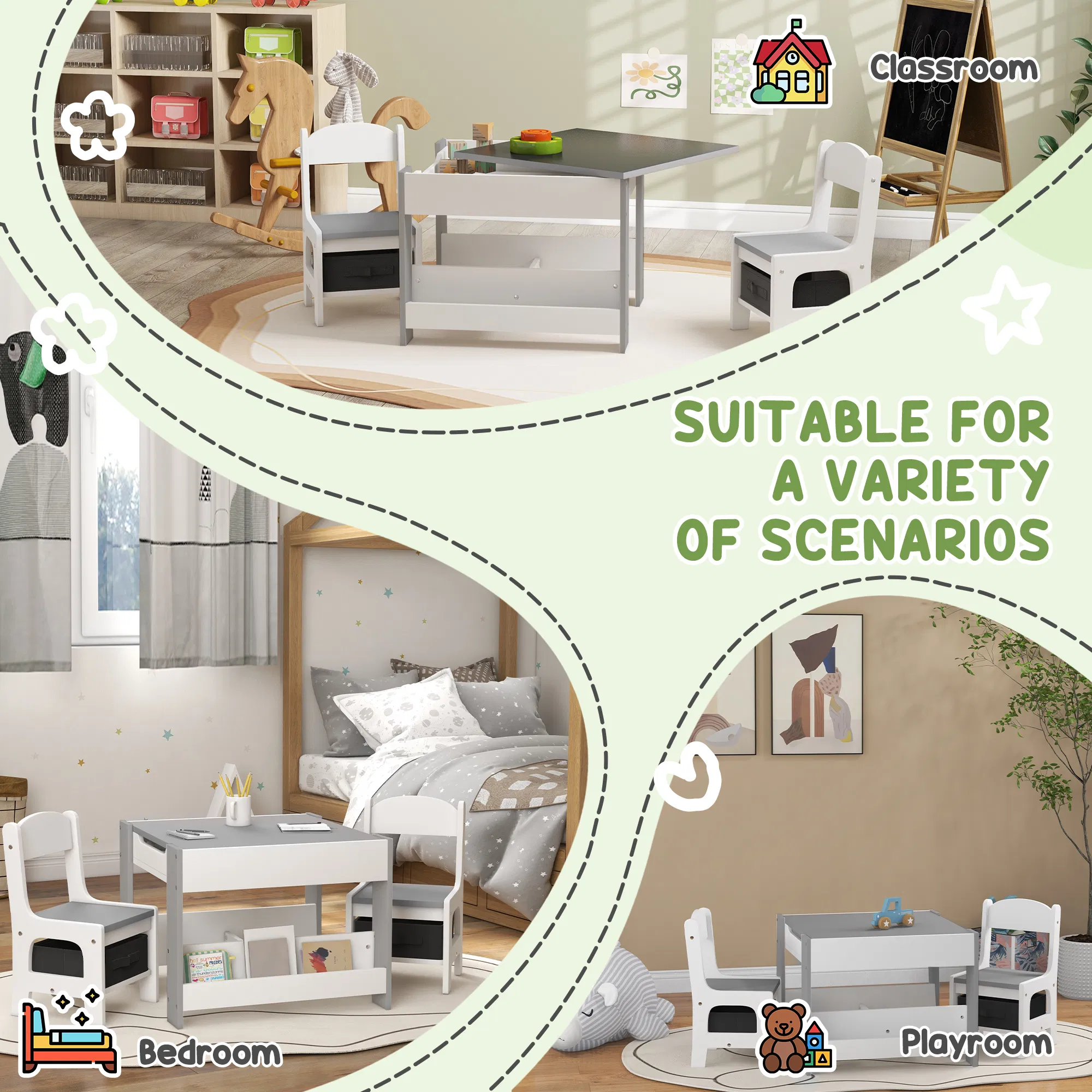 3 Piece Kids Table and Chair Set with Reversible Tabletop, Blackboard, Storage, Bookshelf, for Playroom, Nursery, Grey photo 2