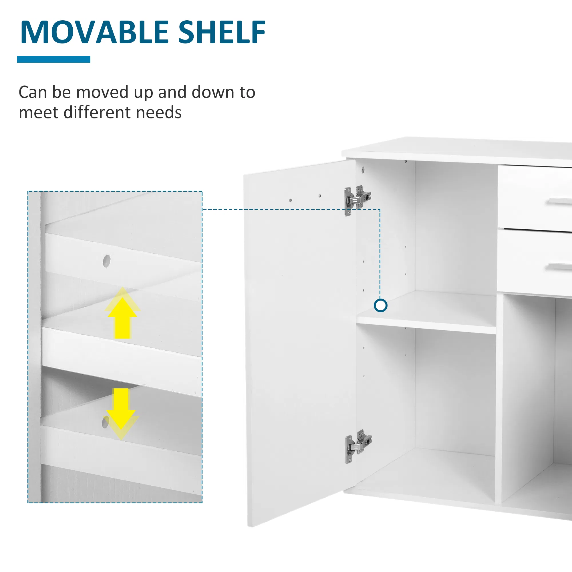 High Gloss Sideboard with 2 Drawers and 2 Doors, Buffet Cabinet with Adjustable Shelf, Coffee Bar Cabinet with Storage, White photo 5