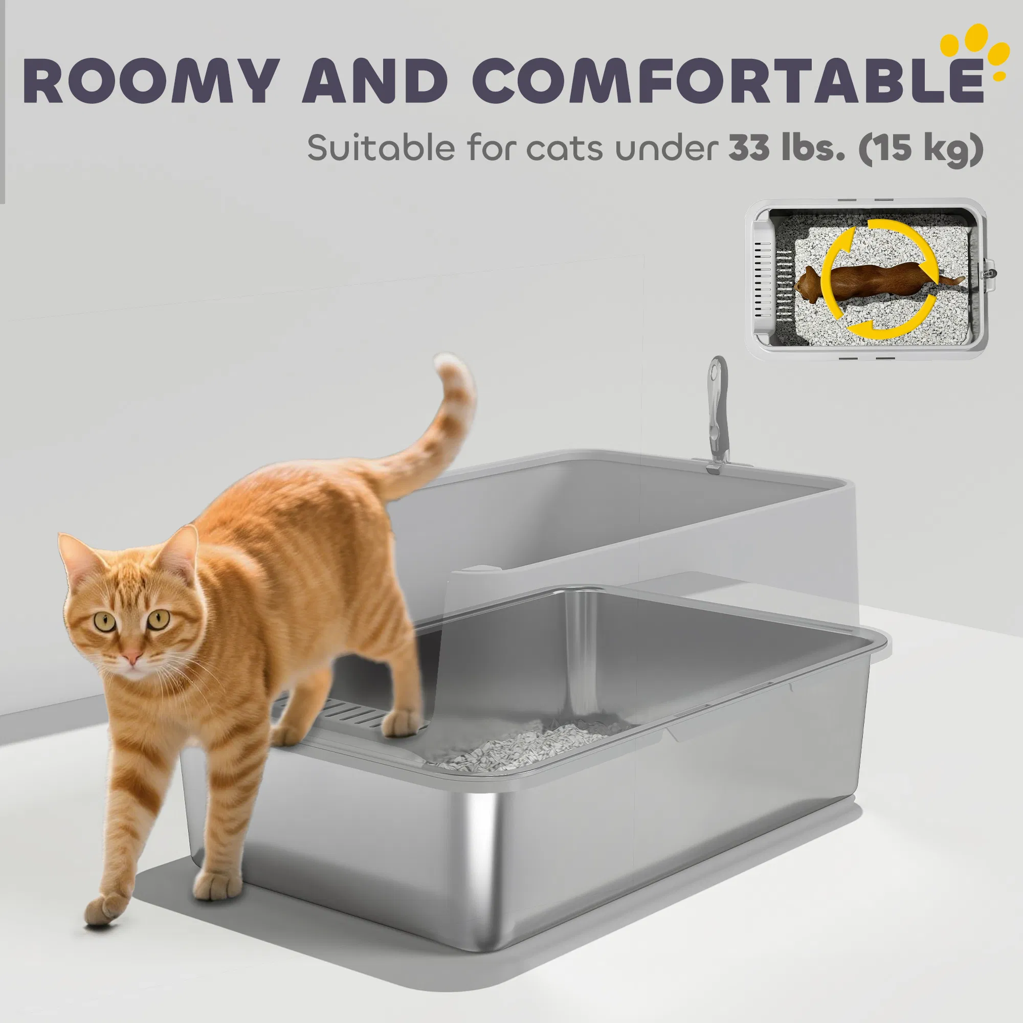 XL Stainless Steel Cat Litter Box for Big and Multiple Cats with High Wall Side, Scoop, Easy Cleaning & Odor Free photo 5