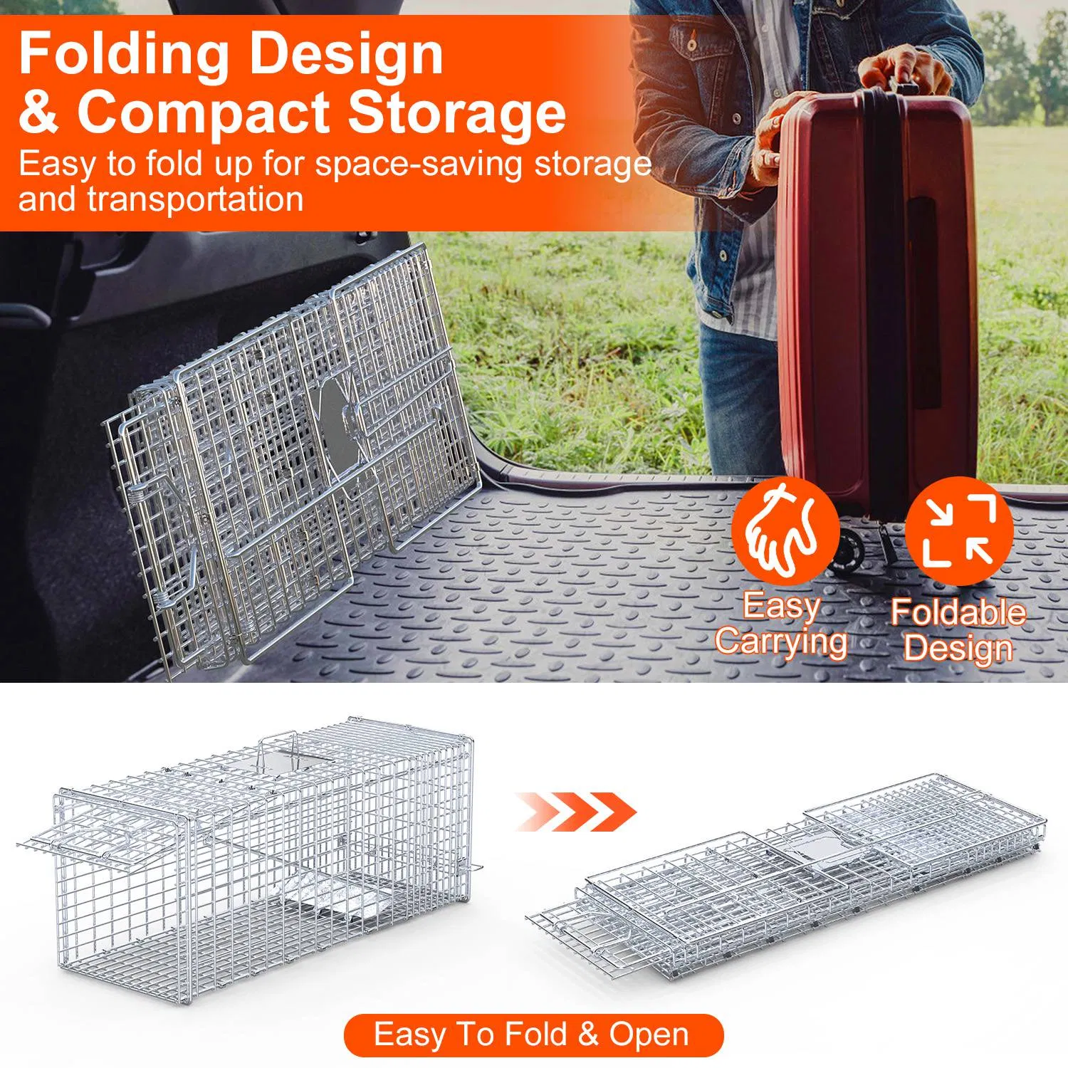 Heavy-Duty Live Animal Trap - 37x14x15 Inch Galvanized Mesh, Sensitive Pedal Trigger & Rear Release Door, Guarded Handle, Foldable Design for Raccoons, Armadillos, Small Dogs Under 55 lbs photo 8