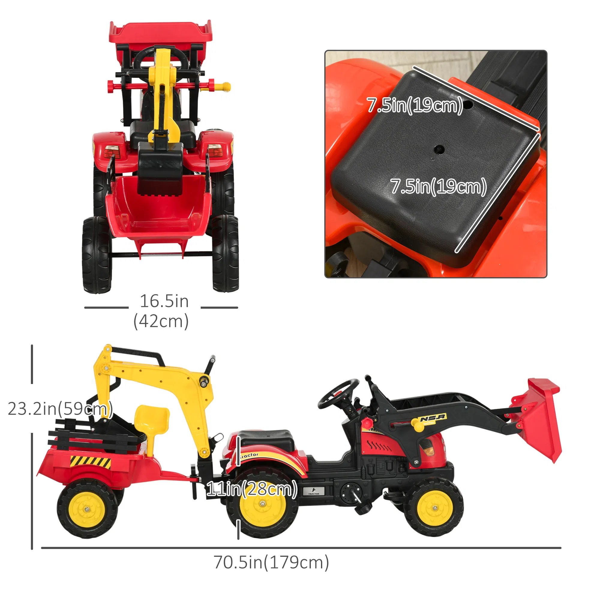 3 in 1 Kids Ride On Excavator Toy with 6 Wheels, Bulldozer with Controllable Cargo Trailer & Easy Pedal Controls photo 6