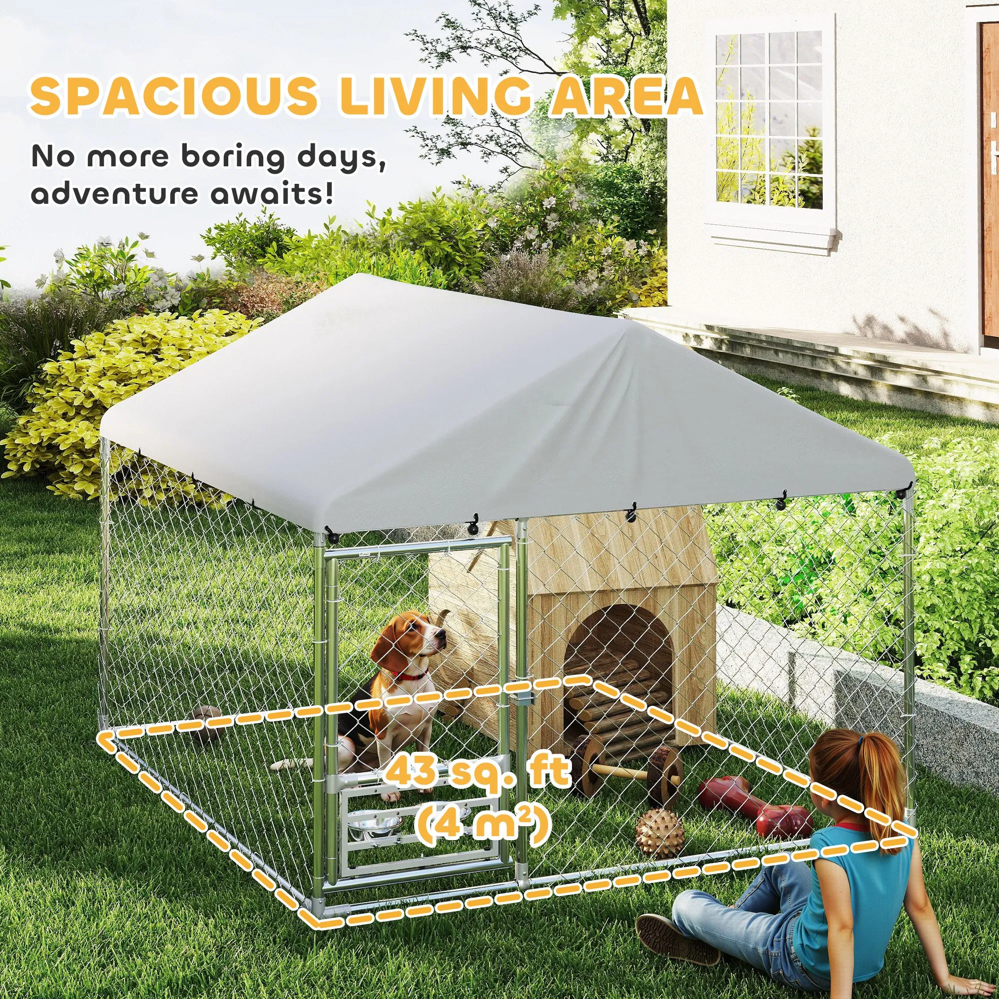 Outdoor Dog Run w/ Adjustable & Rotating Bowls, Waterproof UV-Resistant Cover, Secure Lock, 6.6' x 6.6' x 5.1' photo 6