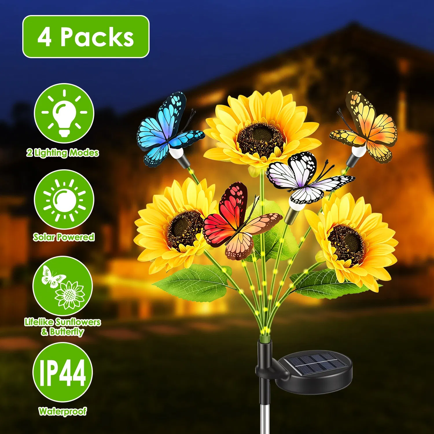 Decorative Solar Sunflower Garden Lights,4 Pack Decorative Butterfly Accent, 2 Lighting Modes, IP44 Waterproof Solar Powered Lights for Outdoor Garden, Lawn, Patio & Flower Bed photo 1