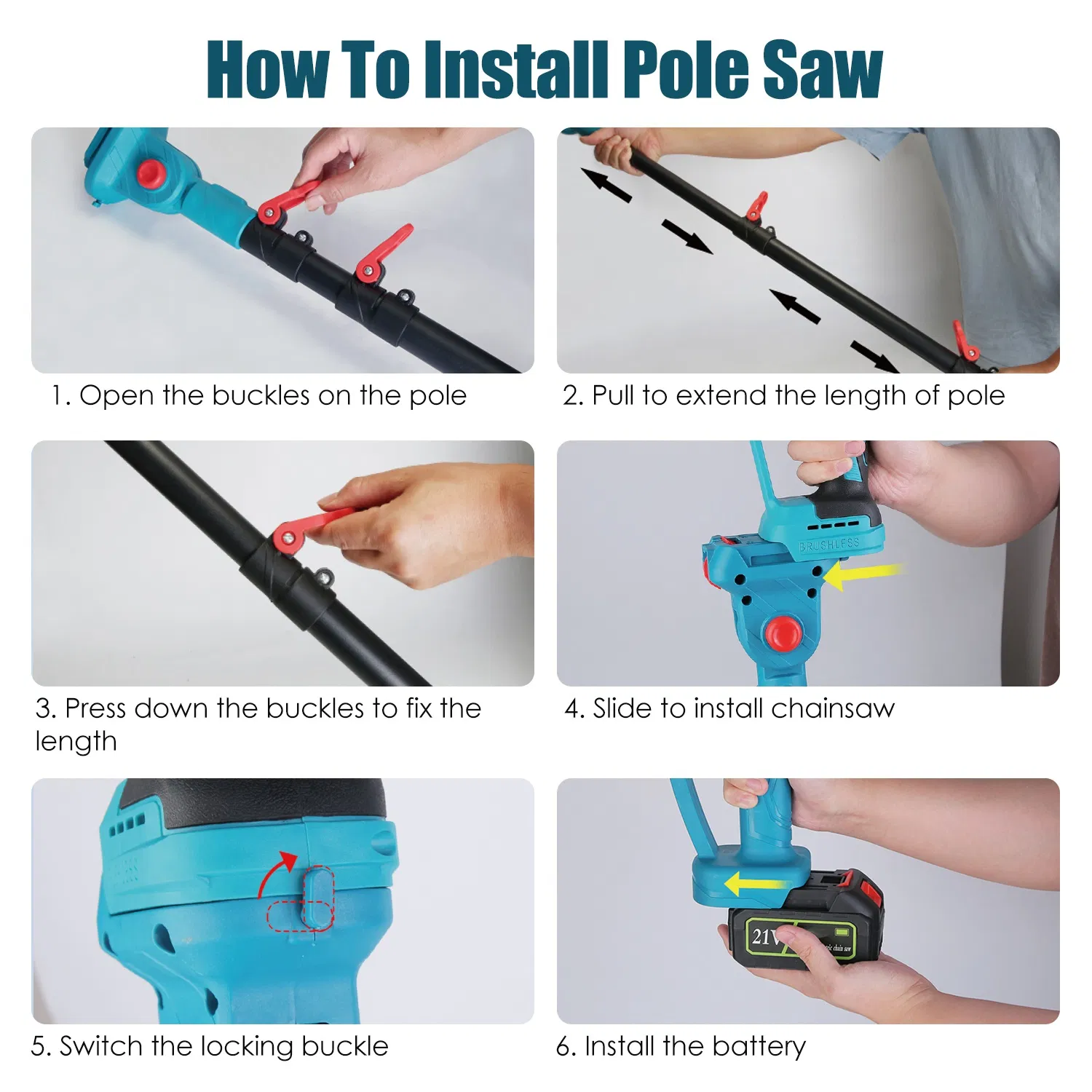 Extendable Cordless Pole Saw (5.3-7.4FT, Reach 13FT), 2-in-1 Handheld Chainsaw with ±90° Adjustable Head, Brushless Motor for High Tree Limbs Trimming photo 6