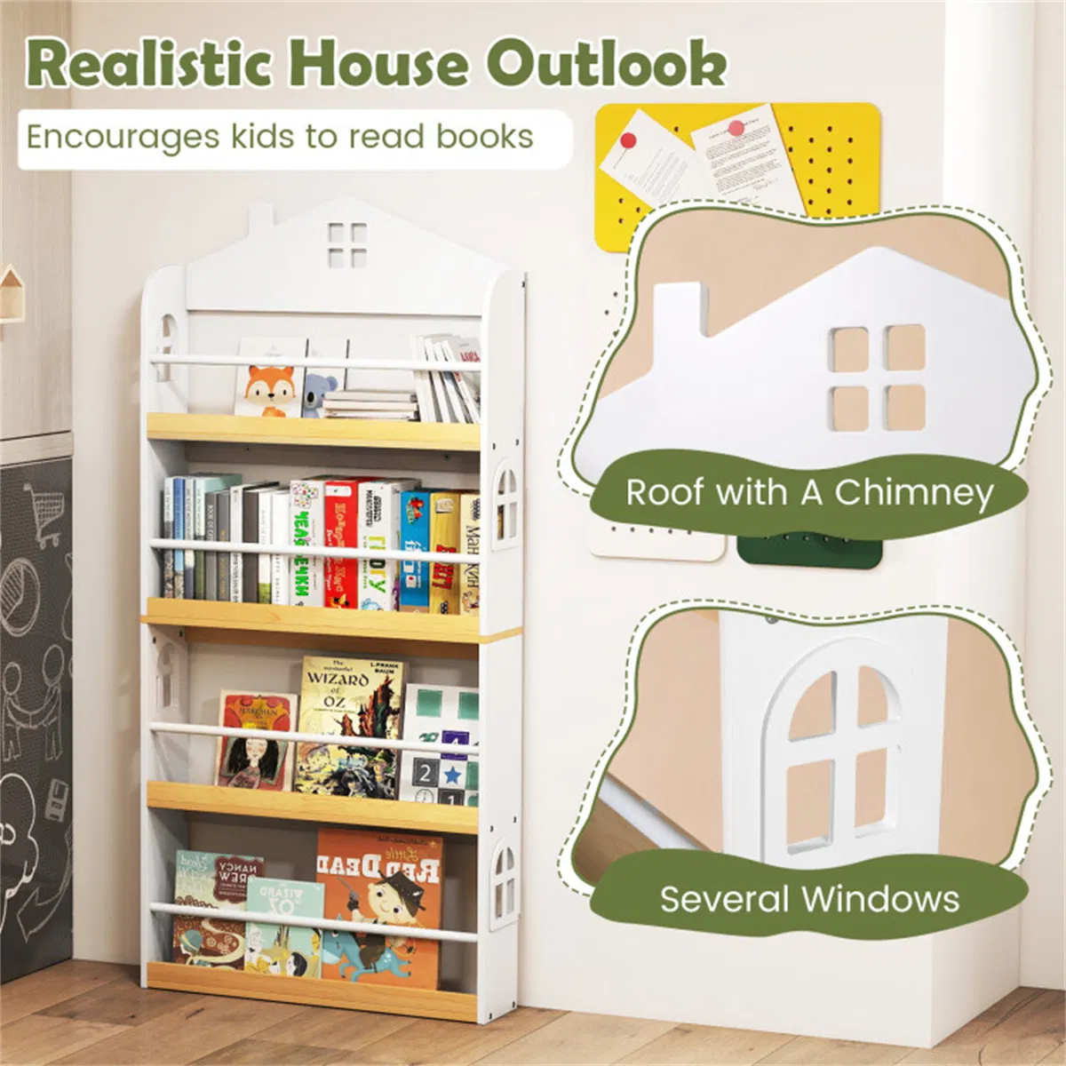 4-Tier House-Shaped Kids Bookshelf, 60.96×15.24×129.54 cm Front-Facing Book Rack with Anti-Toppling Kits for 3+ Years, White & Natural photo 7