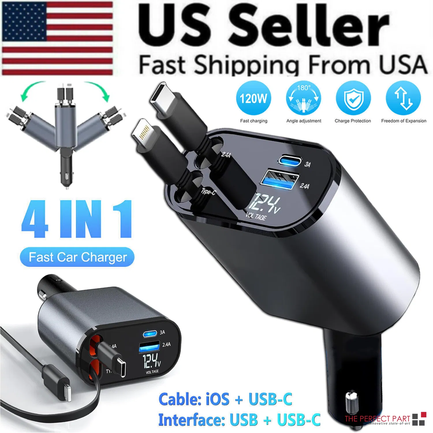 Retractable Car Charger 4 in 1 Fast Car Phone Charger 120W With USB Type C Cable photo 1