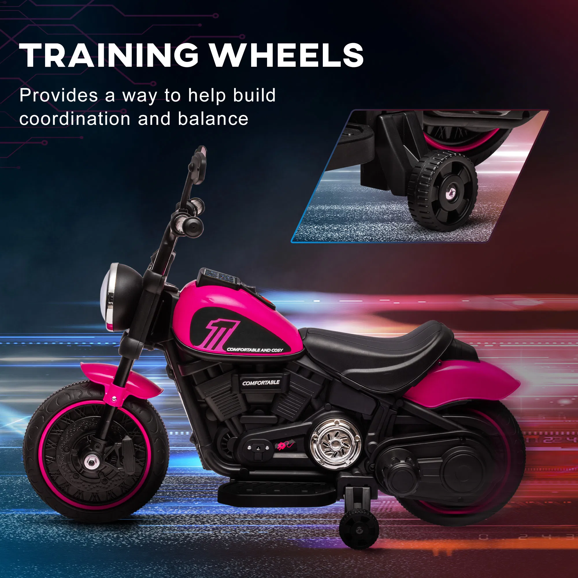 6V Kids Motorcycle with Training Wheels, Foot Pedal, Headlight, Music, Forward/Reverse, Single-Button Start, Pink photo 4