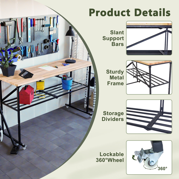 Foldable Hardwood Workbench Adjustable Wood-Top Utility Table with Locking Casters photo 6