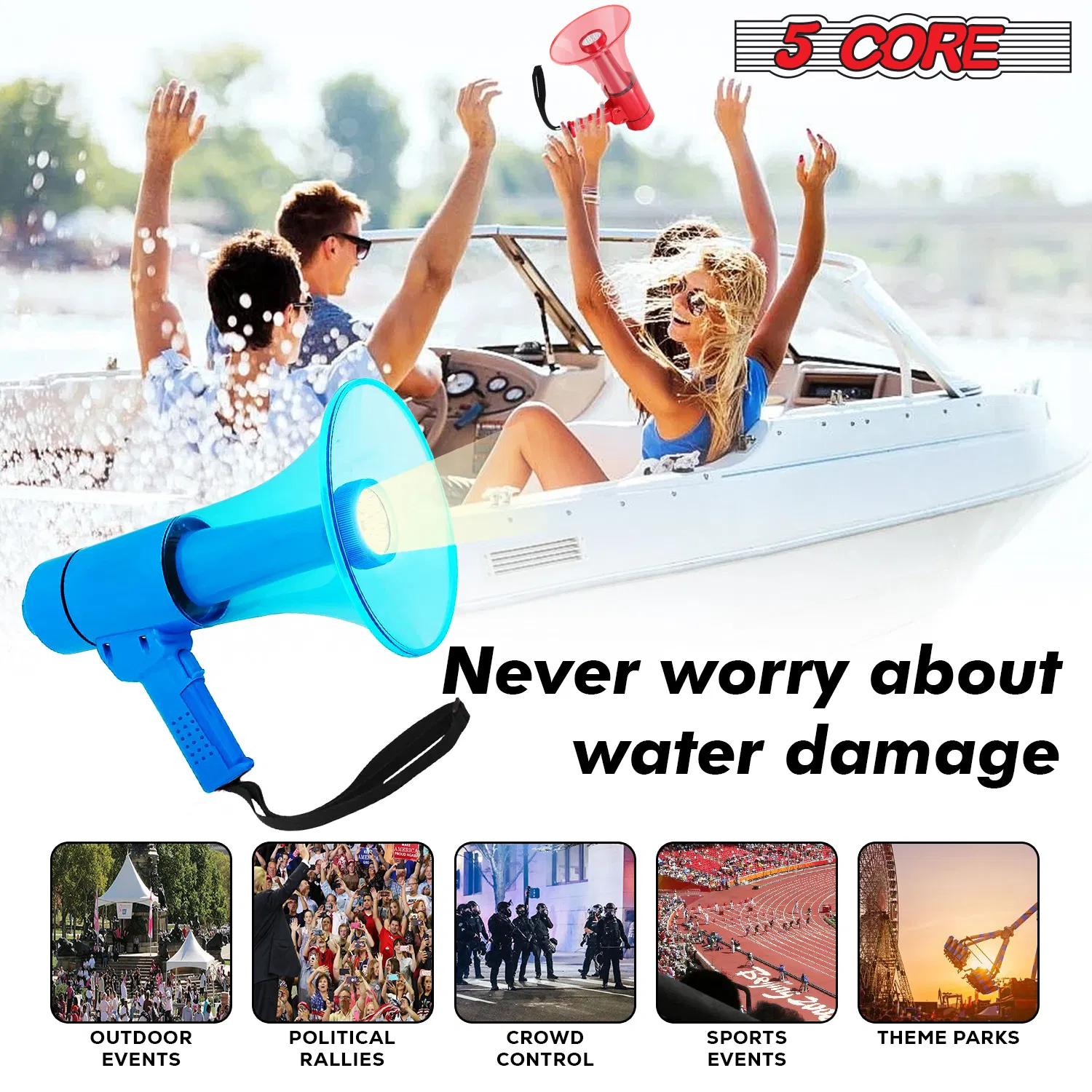 5 Core Megaphone 50W Waterproof Bull Horn PA Speaker w 800Yard Range Flashlight Loud Siren Voice Amp photo 6