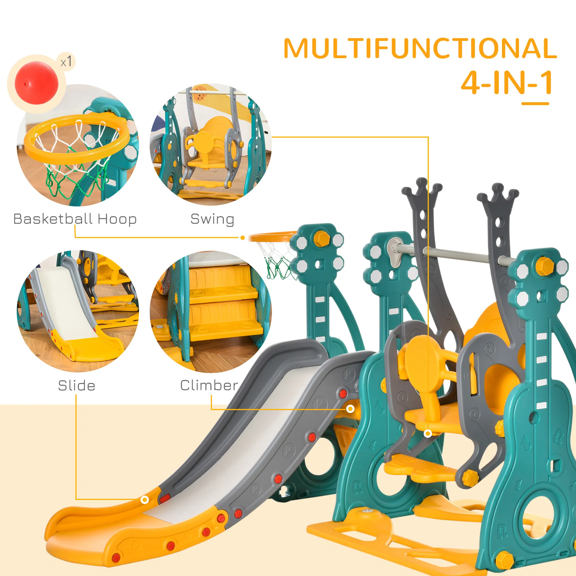 4-in-1 Kids Slide and Swing Set with Basketball Hoop and Adjustable Seat Height, Toddler Play Climber Slide Playset for Indoor and Outdoor Playground Activity Center photo 4