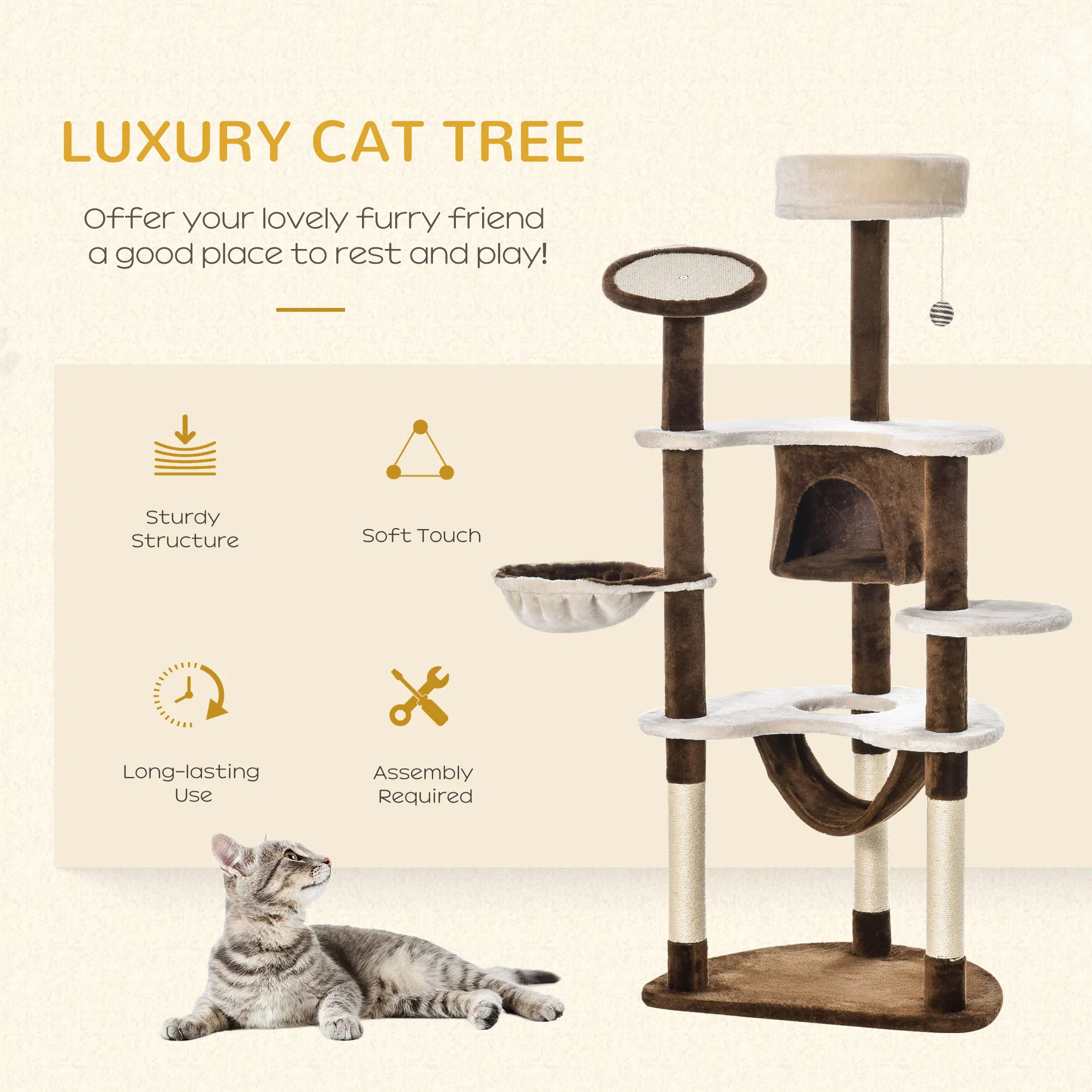 60" Cat Scratching Tree, Cat Bed Condo Post House Pet Furniture Toys-Brown & Beige photo 2