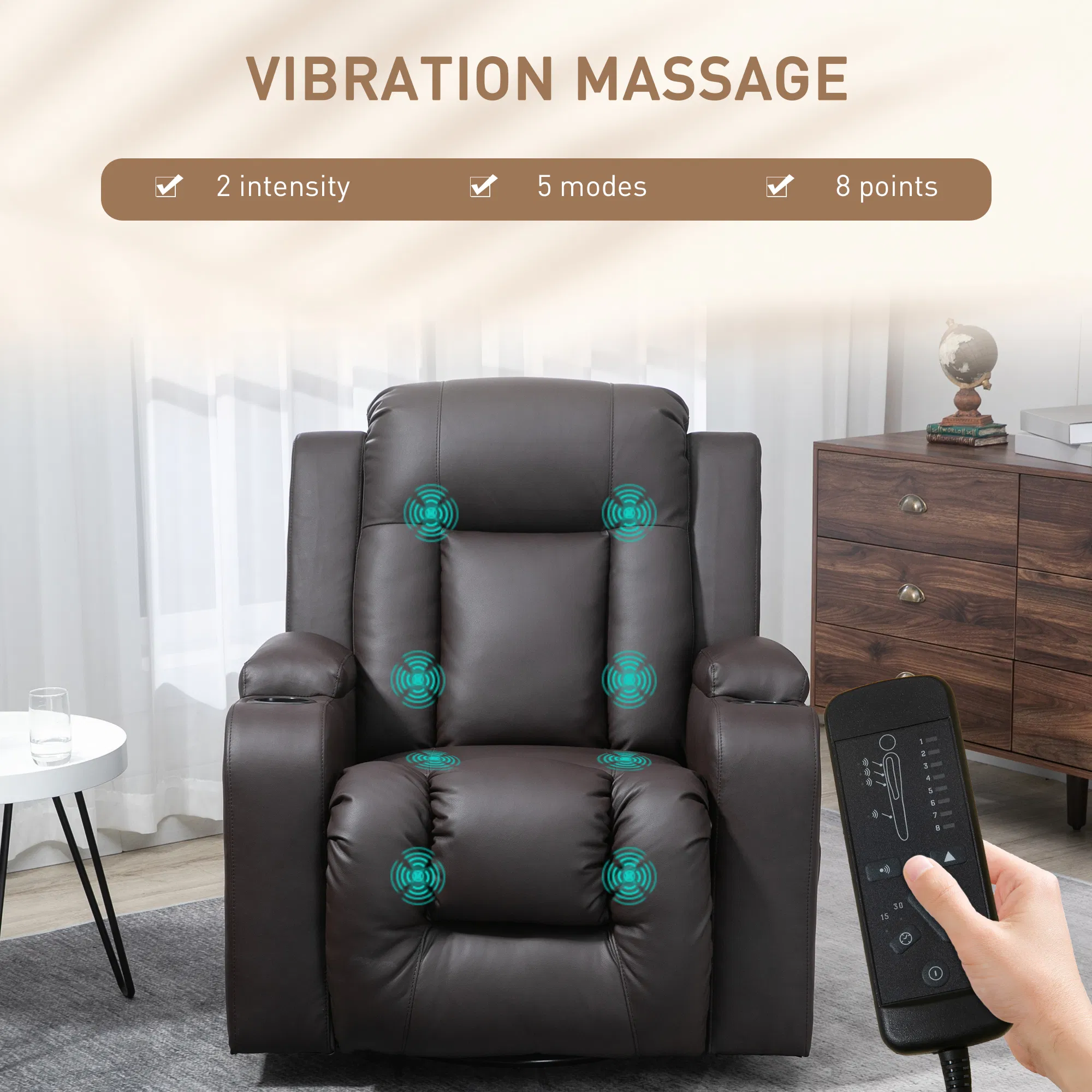 Swivel Massage Recliner Chair Rocker, Overstuffed Manual Reclining Sofa, PU Leather Rocking Chair with Side Pockets, Cup Holders, for Living Room, Nursery, Brown photo 5