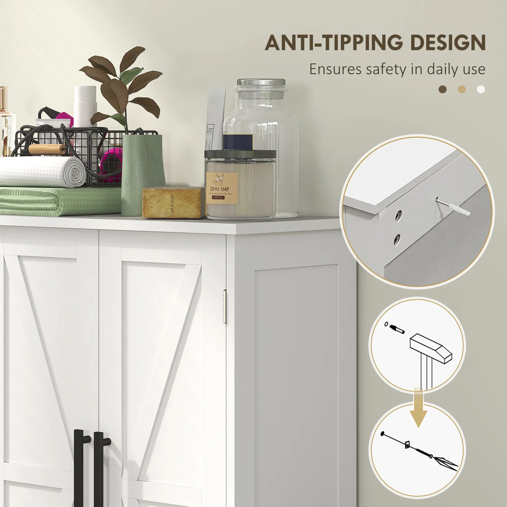 Bathroom Floor Cabinet, Farmhouse Bathroom Storage Cabinet with Adjustable Shelf, White photo 2