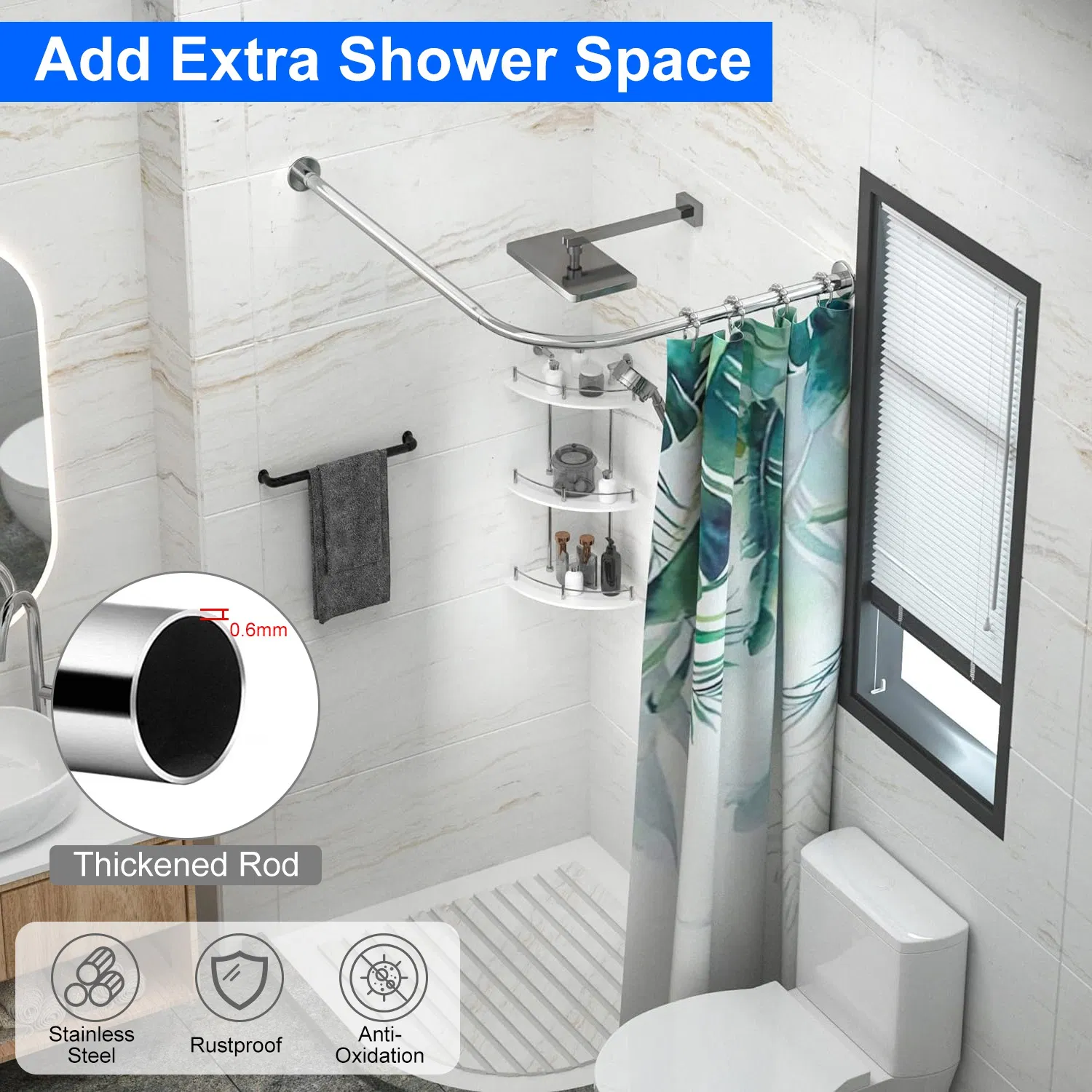 Adjustable L - Shaped Curved Shower Rod, Premium Stainless Steel Rust - Resistant Shower Curtain Rod, Expandable Rod with Extra Shower Space for Bathtub & Shower Stall photo 5