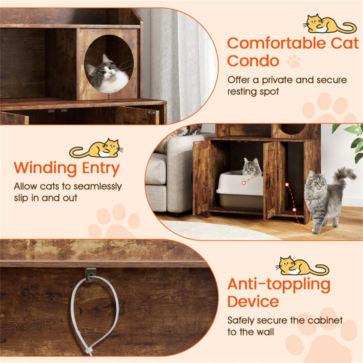 Wooden Hidden Cat Litter Box Enclosure with Storage Shelves Anti-Toppling Design Industrial Style Brown photo 8