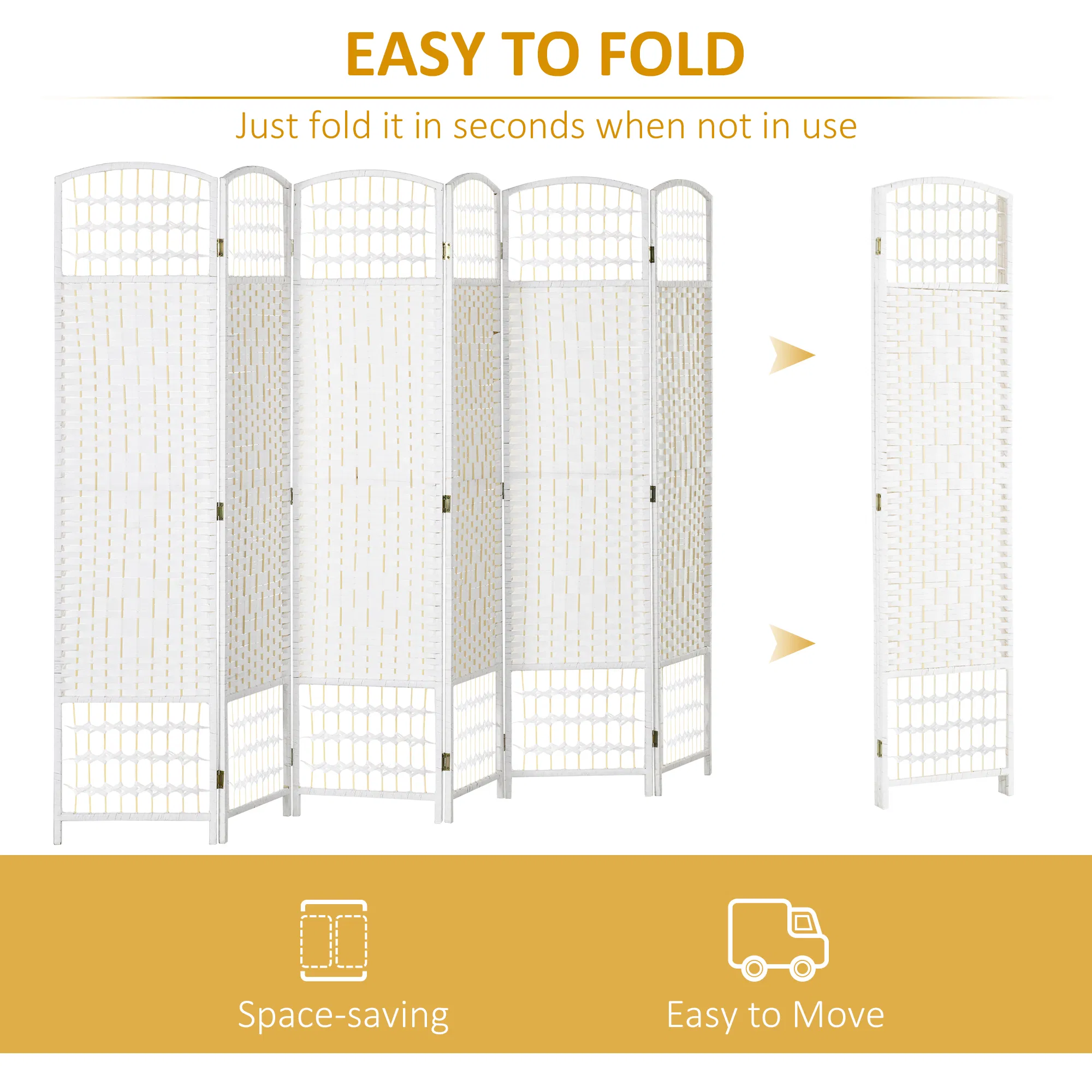 6 Panel Folding Room Divider, Portable Privacy Screen, Wave Fiber Room Partition for Home Office, White photo 3