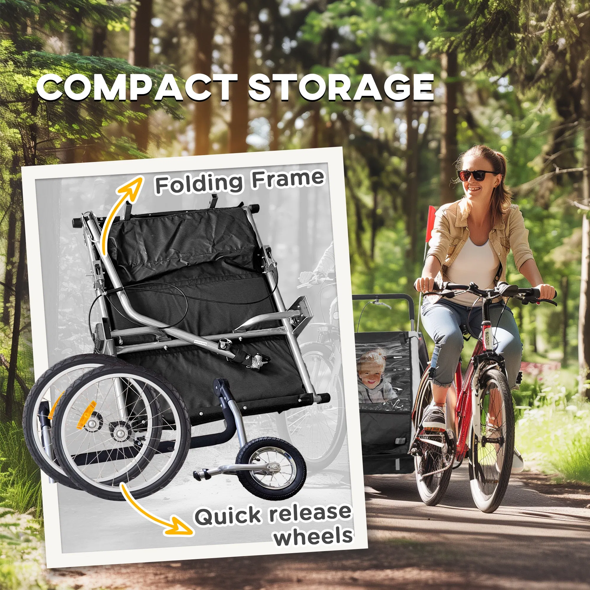 2-in-1 Bike Trailer for Kids, Foldable 2-Seat Baby Stroller with 5-Point Harness, Rubber Wheels, Storage Bag, Black photo 2