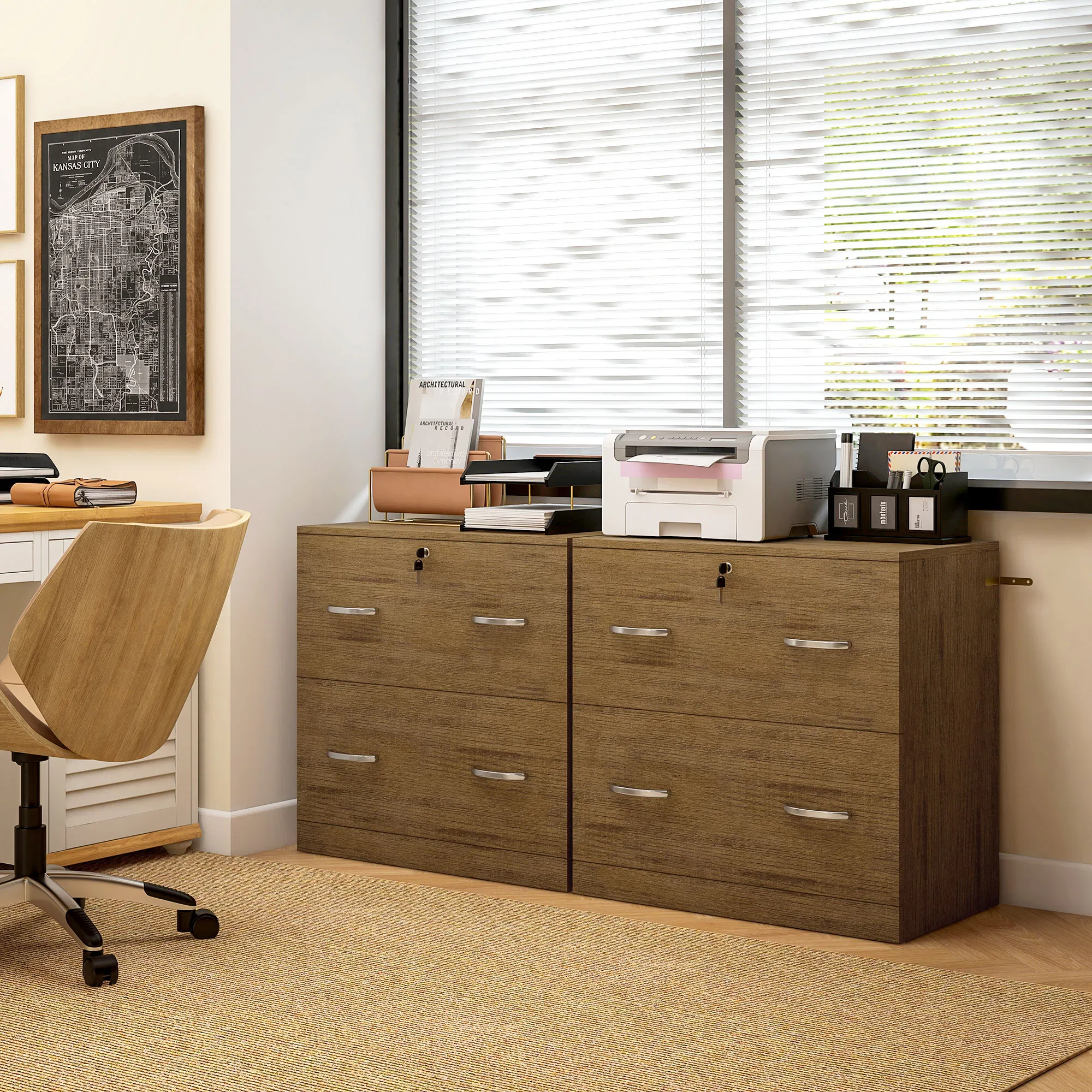 2 Drawer File Cabinet with Lock, Office Filing Cabinet, Hanging Bar for Letter Size, Home Office, Light Brown photo 4