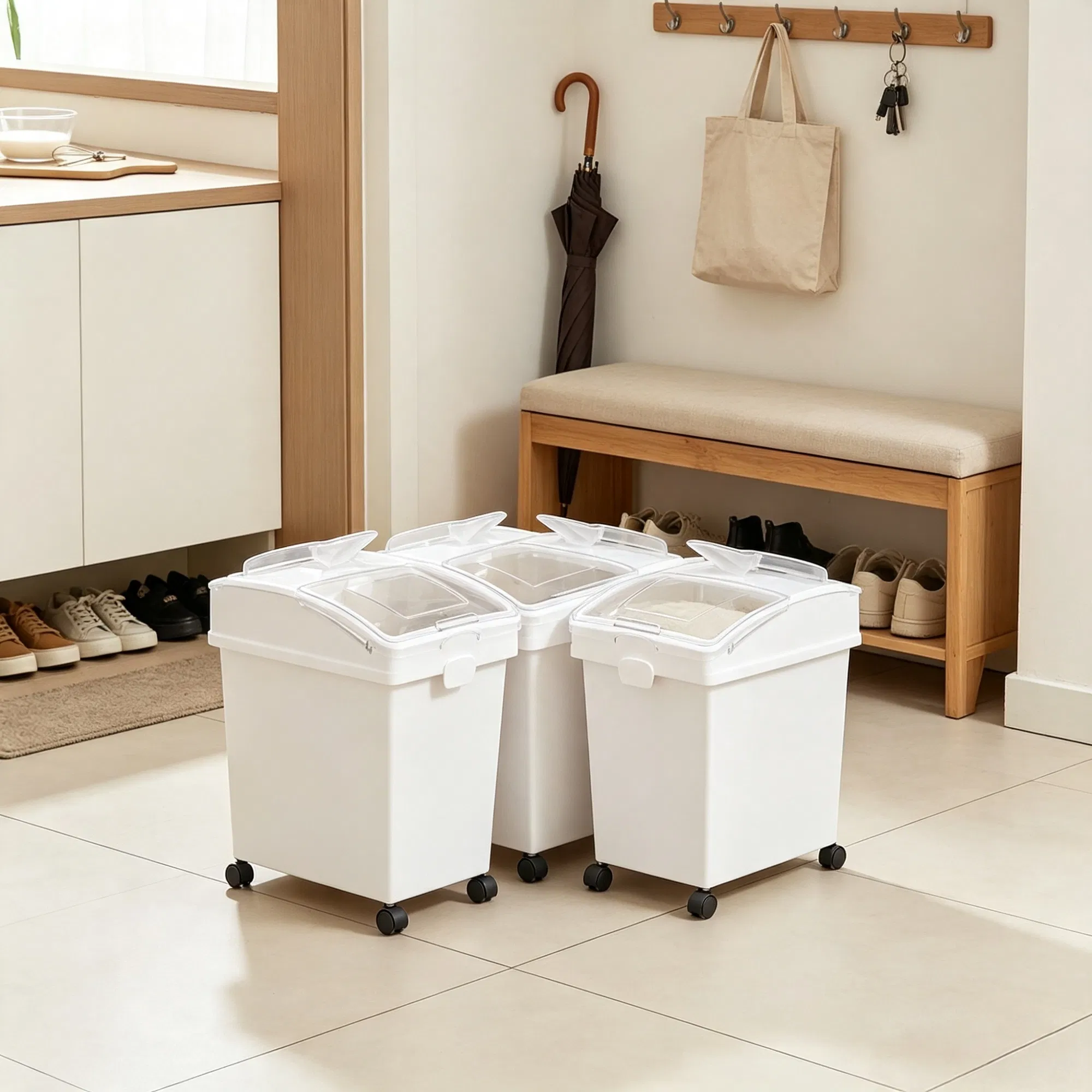 3-Pack 25L Large Rice Storage Container, Airtight Dog Food Dispenser Bin with Wheels & 3 Scoops, Kitchen Grain Cereal Flour Organizer photo 5