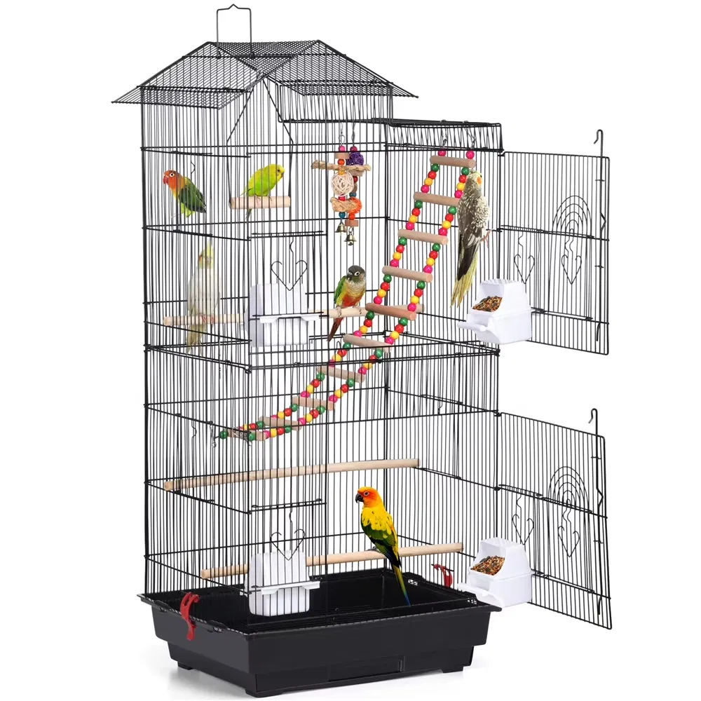39"H Metal Bird Cage Large Roof Top Huge House for Small Birds, Black photo 1