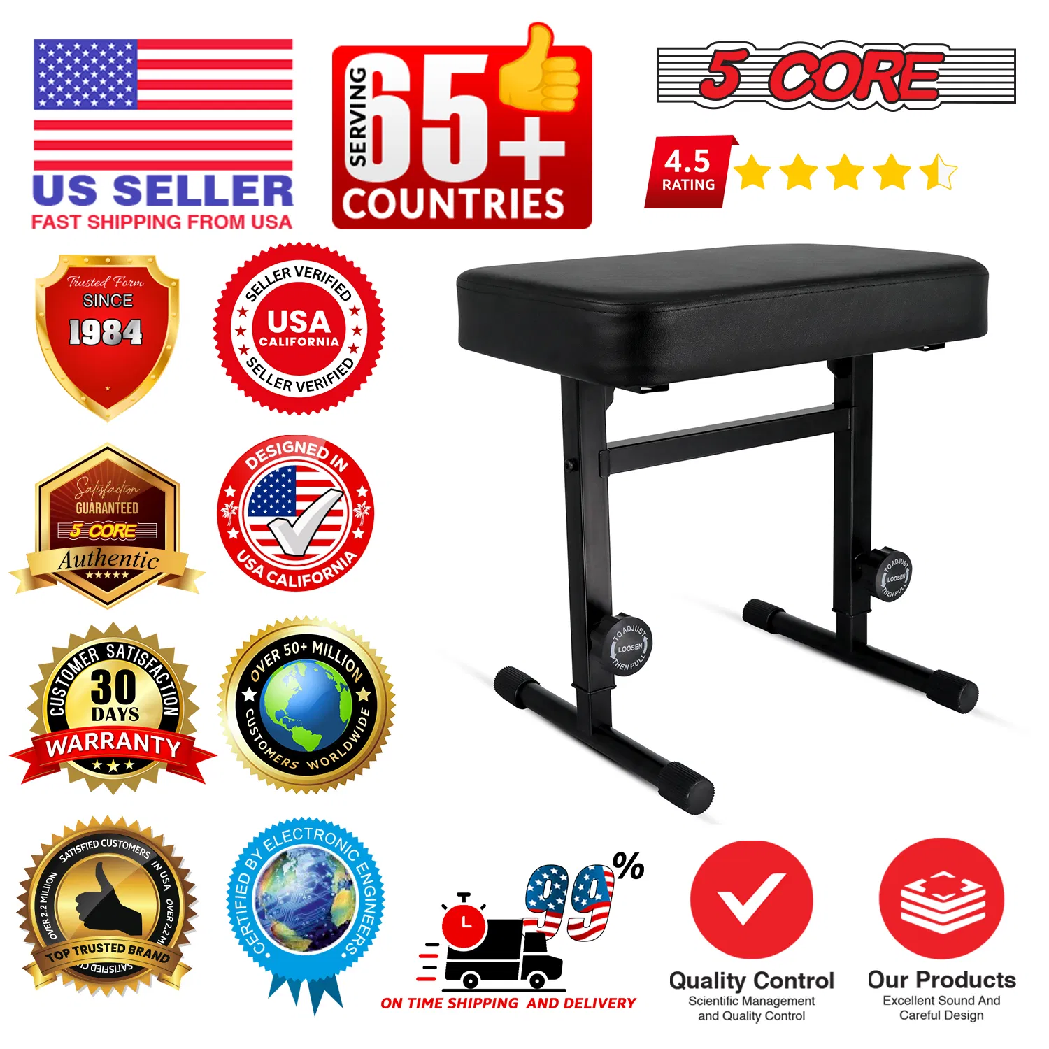 5 CORE Keyboard Bench Piano Stool T Style Black Thick Padded Cushion Seat | Height Adjustable 17 to 22 inch | Keyboard Chair (PU Leather) KBB H-ADJ BLK photo 2