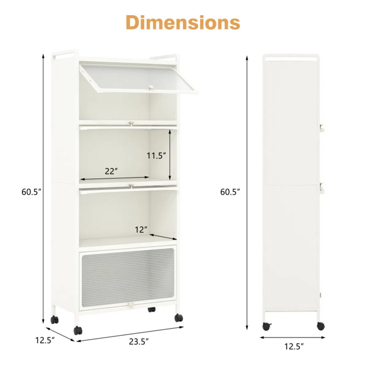 5-Tier Rolling Microwave Stand Flip Dust-Proof Doors 4 Casters with Brakes Kitchen Storage Rack White photo 4