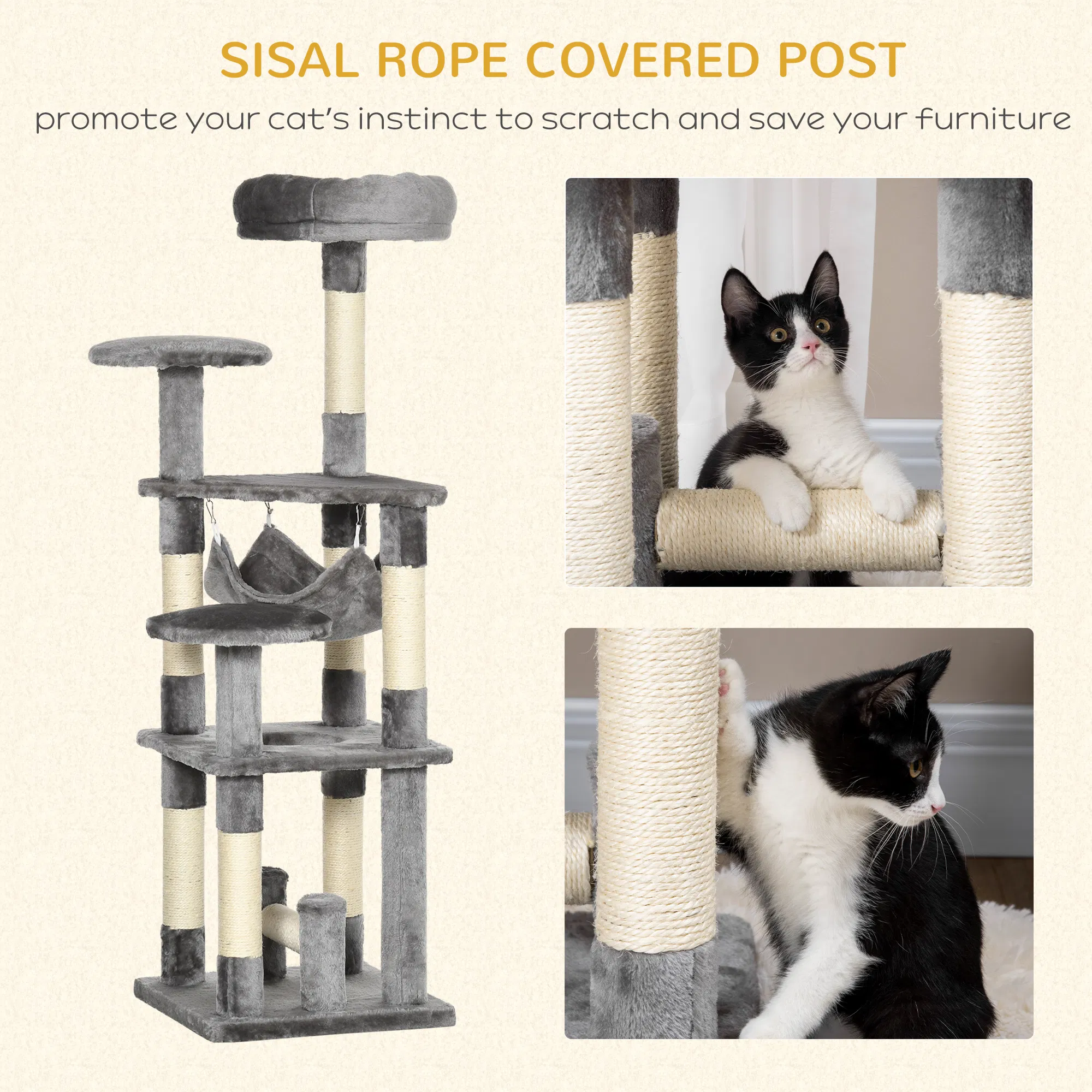 52" Multi-Level Cat Tree Tower, Kitten Scratcher Activity Center Play House with Hammock - Grey photo 5