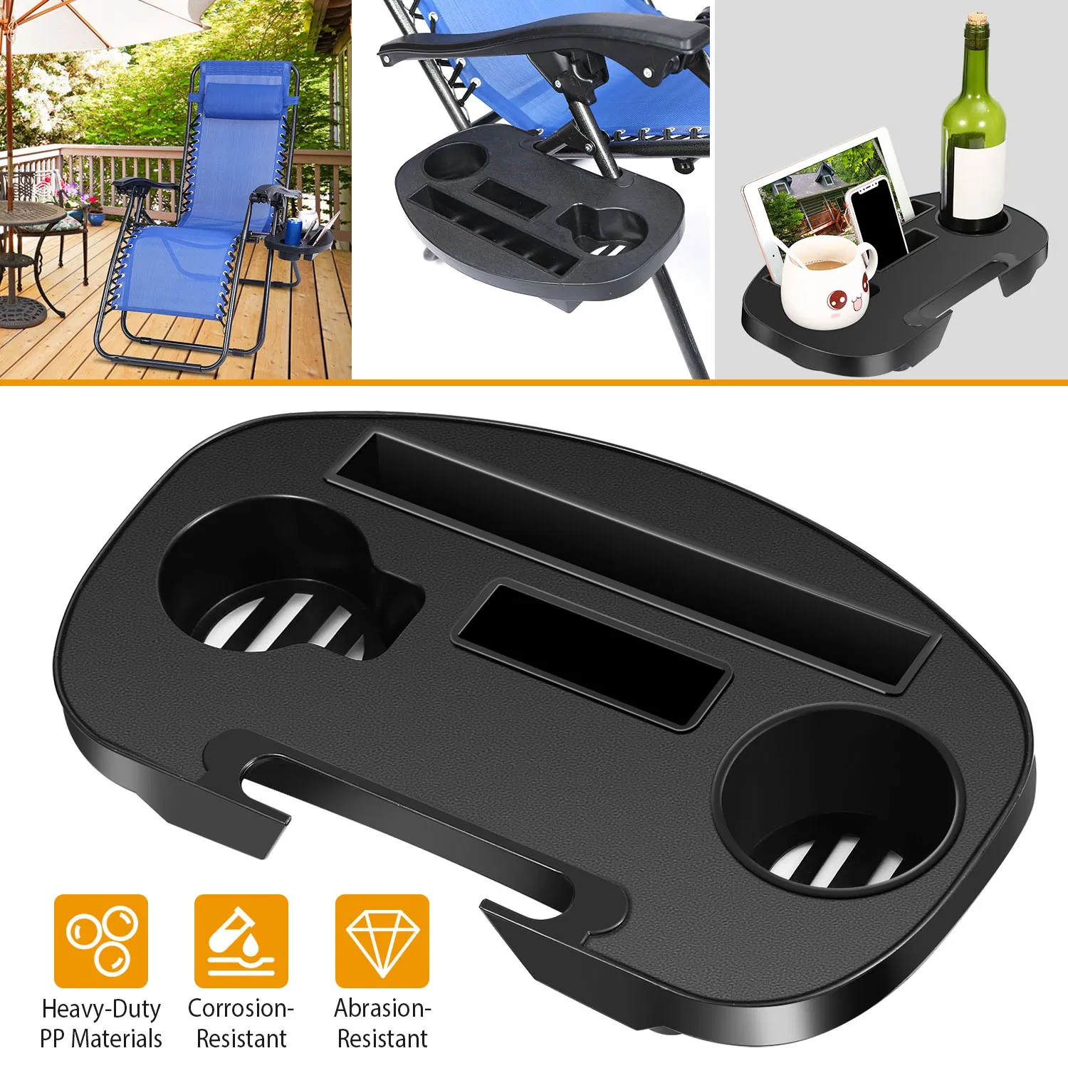 Zero Gravity Chair Cup Holder Clip On Side Tray w/Beverage Can Mobile Devices Slots photo 1